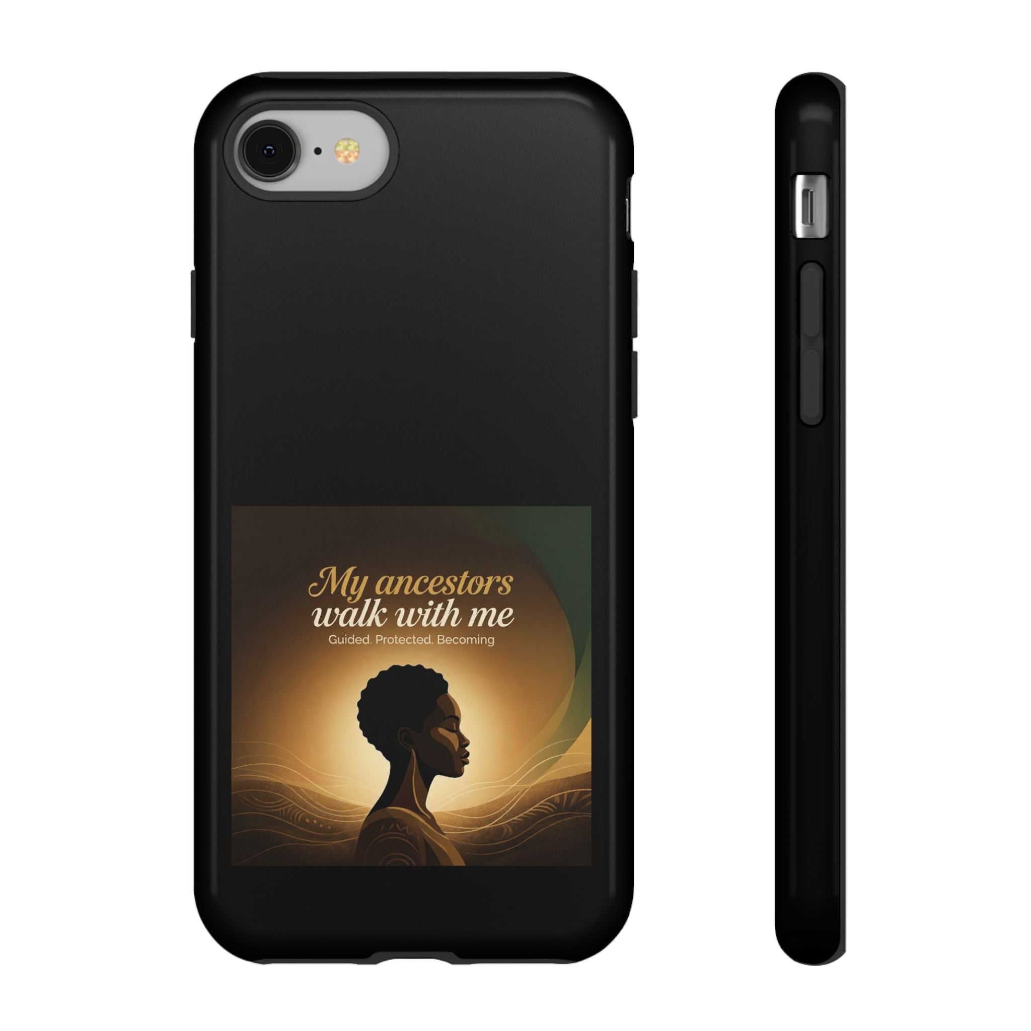 Black phone case with inspirational design honoring heritage, designed for iPhone, by Printify.