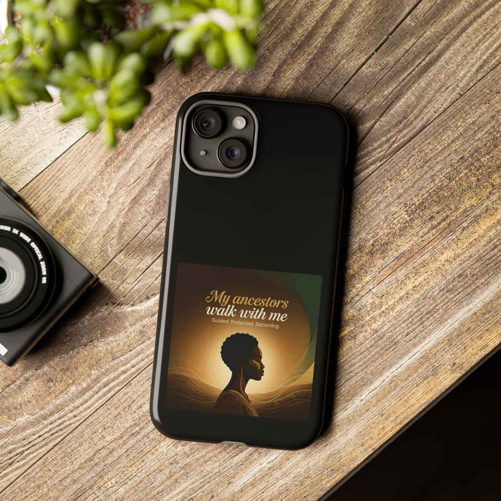 Black phone case with inspirational message and heritage design, protective cover for smartphones by Printify.