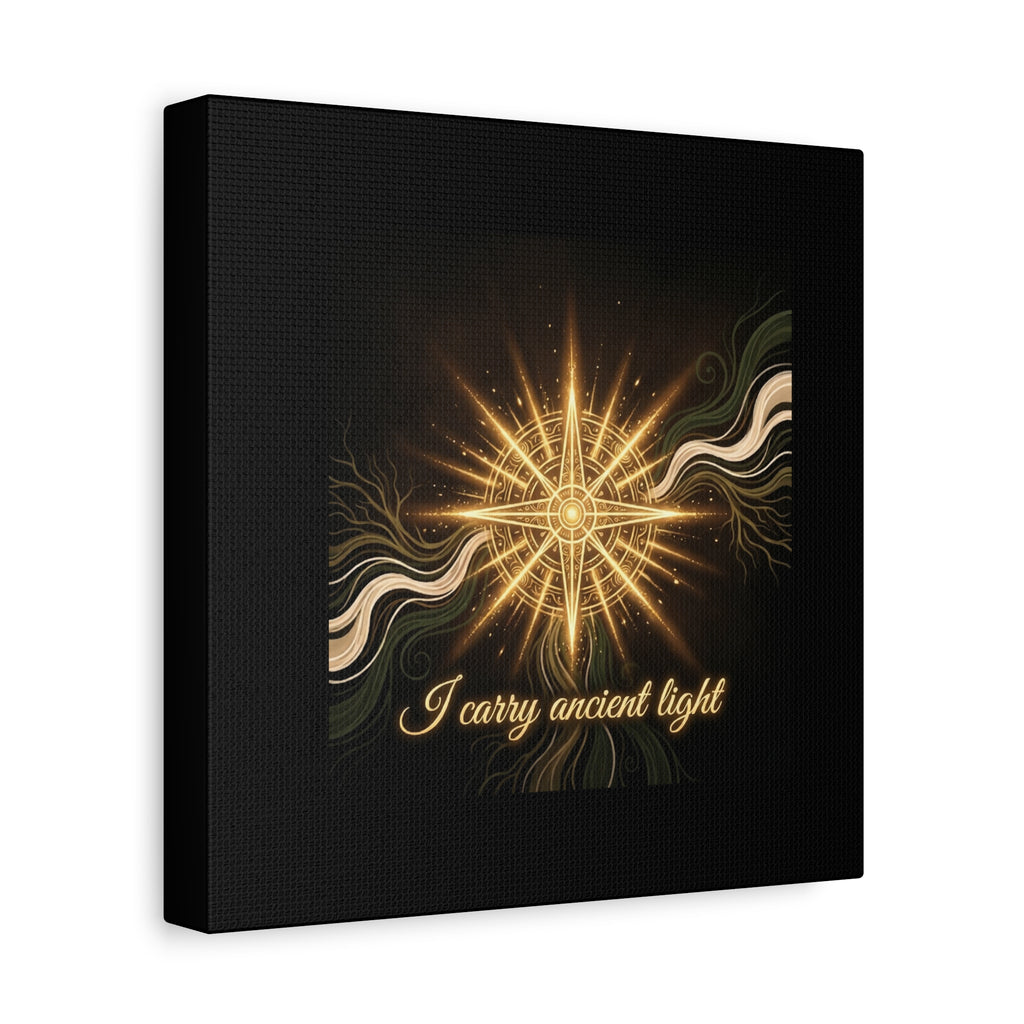 Matte canvas wall art titled "I Carry Ancient Light" featuring a golden compass design for wall decor.