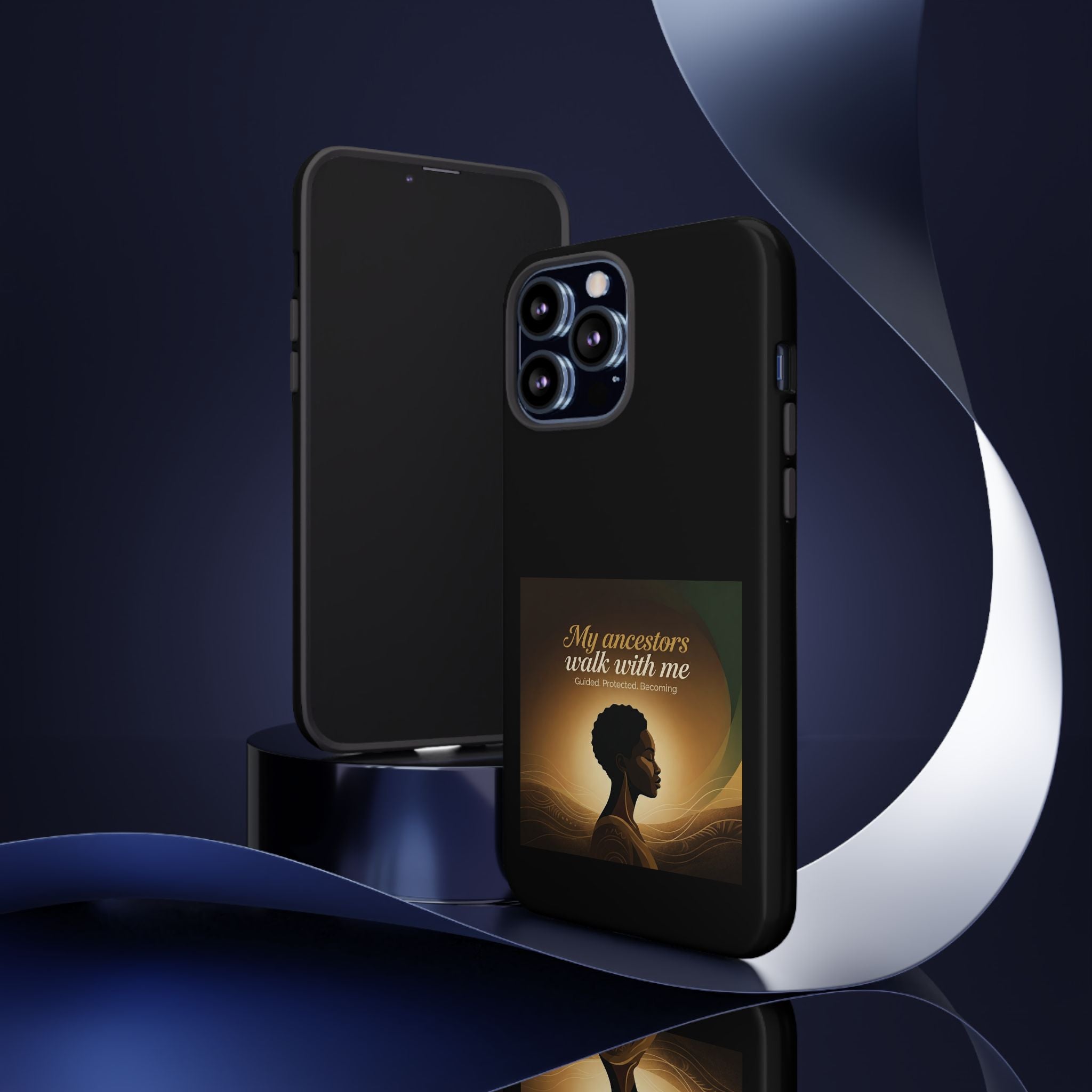 Black phone case featuring inspirational design honoring ancestral heritage, made by Printify, for iPhone or Android devices.