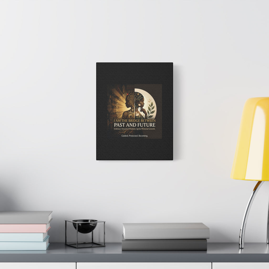 Canvas wall art titled "I Am the Bridge Between Past and Future" by Printify, showcasing abstract designs and vibrant colors.