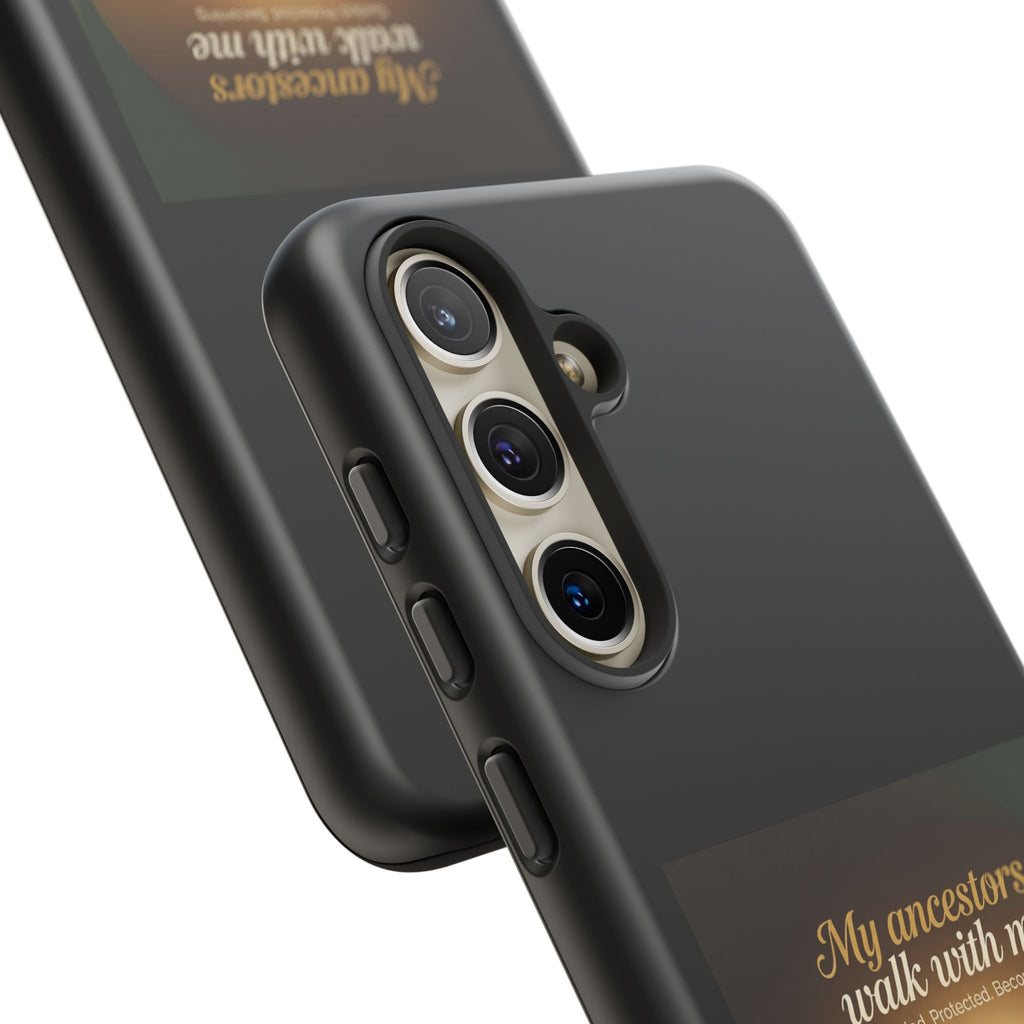 Black phone case with inspirational text and heritage design, protective cover for smartphones, by Printify.
