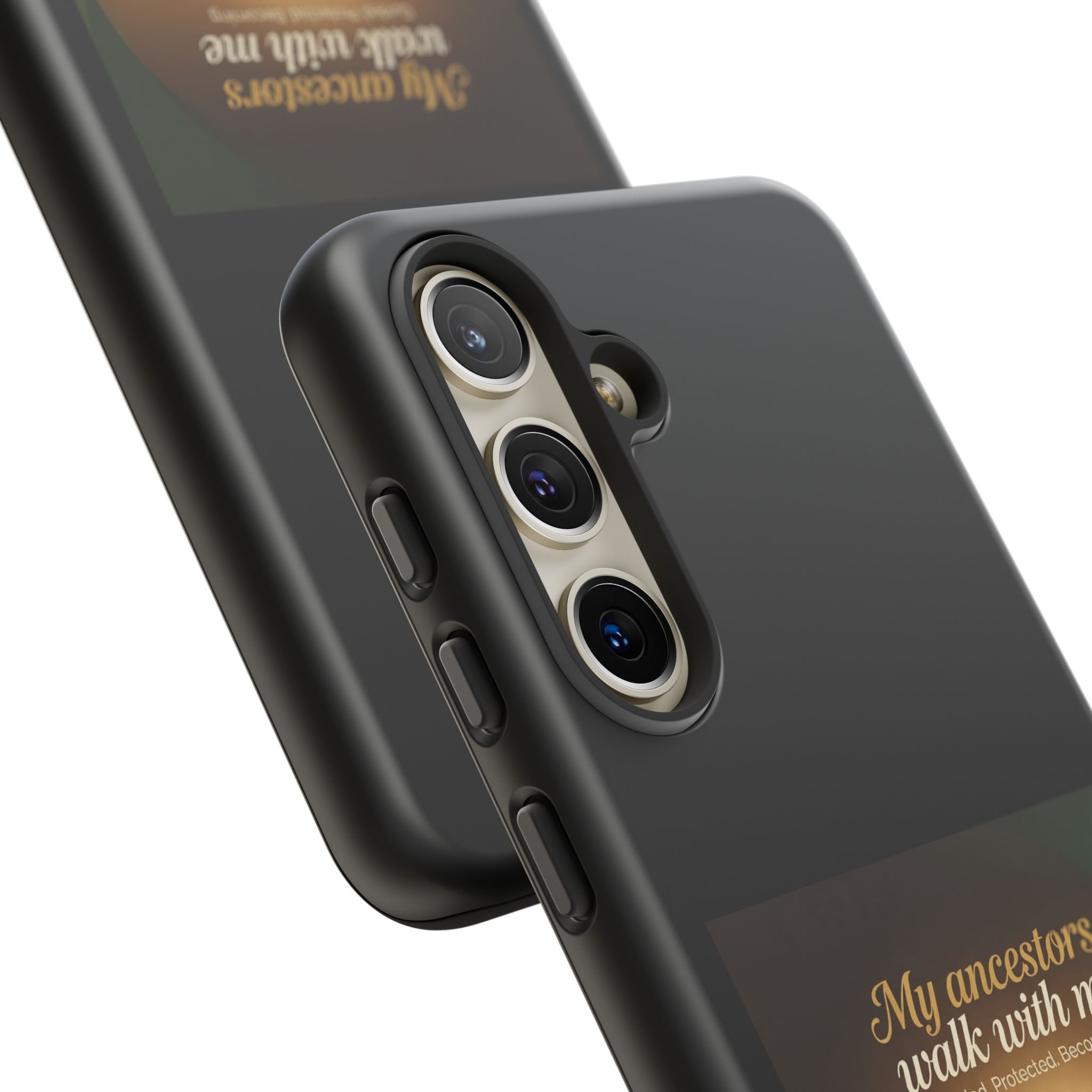 Black phone case with inspirational text and heritage design, protective cover for smartphones, by Printify.