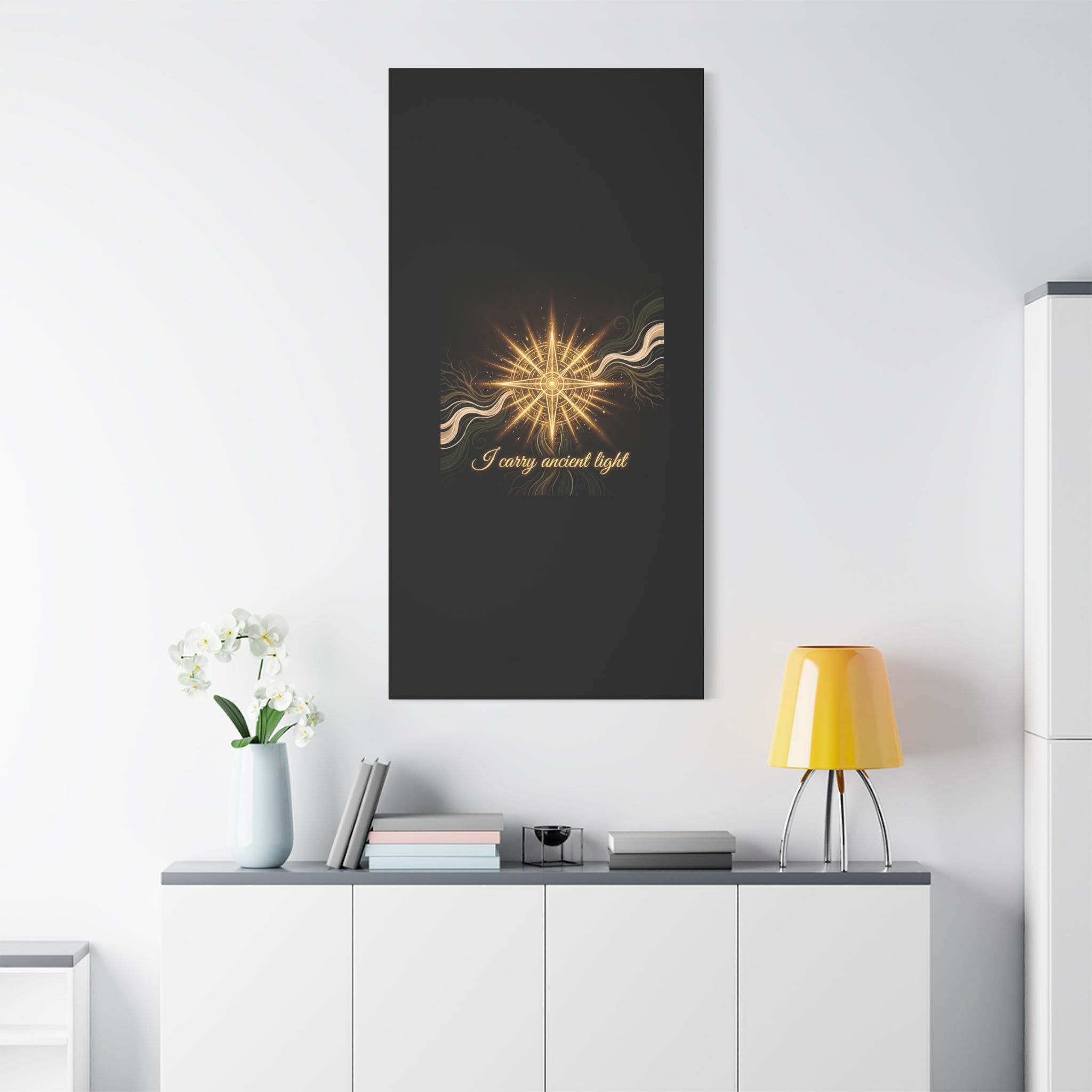 Matte canvas wall art titled "I Carry Ancient Light" featuring a golden compass design, printed by Printify.