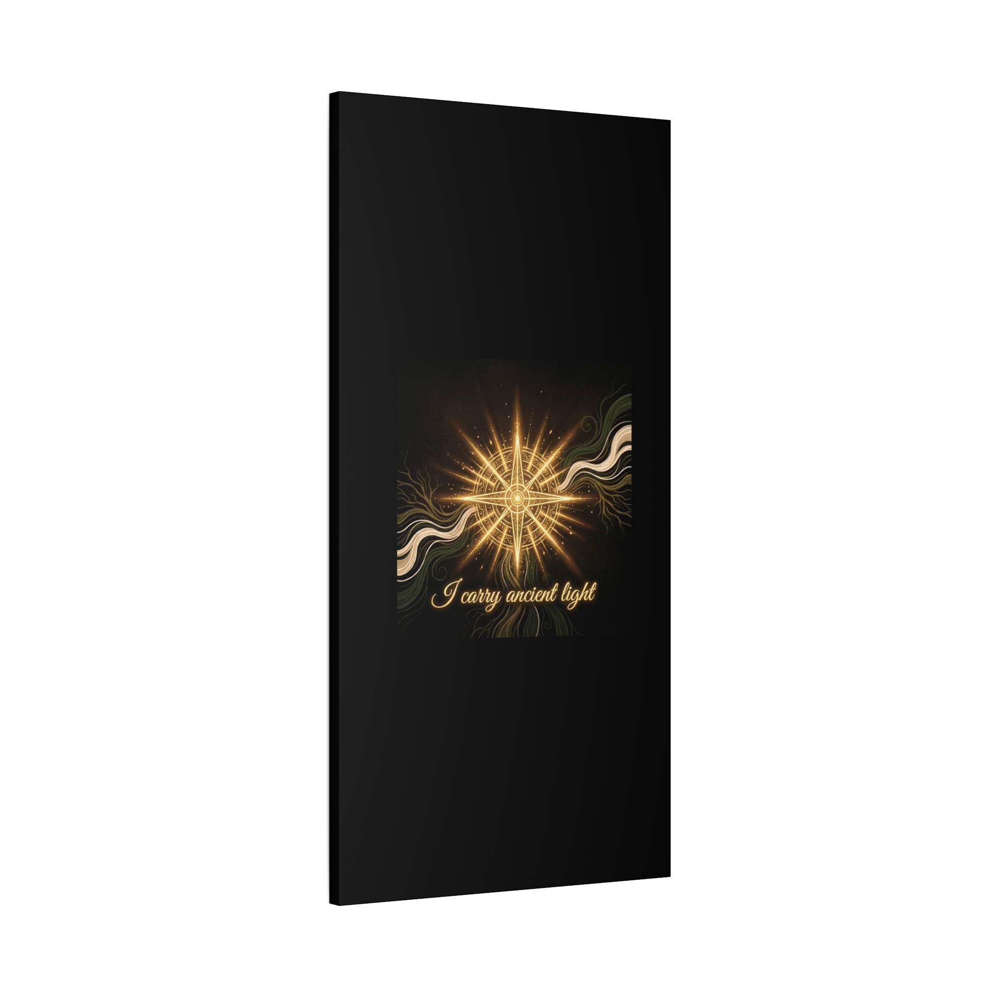 Matte canvas wall art featuring a golden compass with the phrase "I Carry Ancient Light" in elegant script.