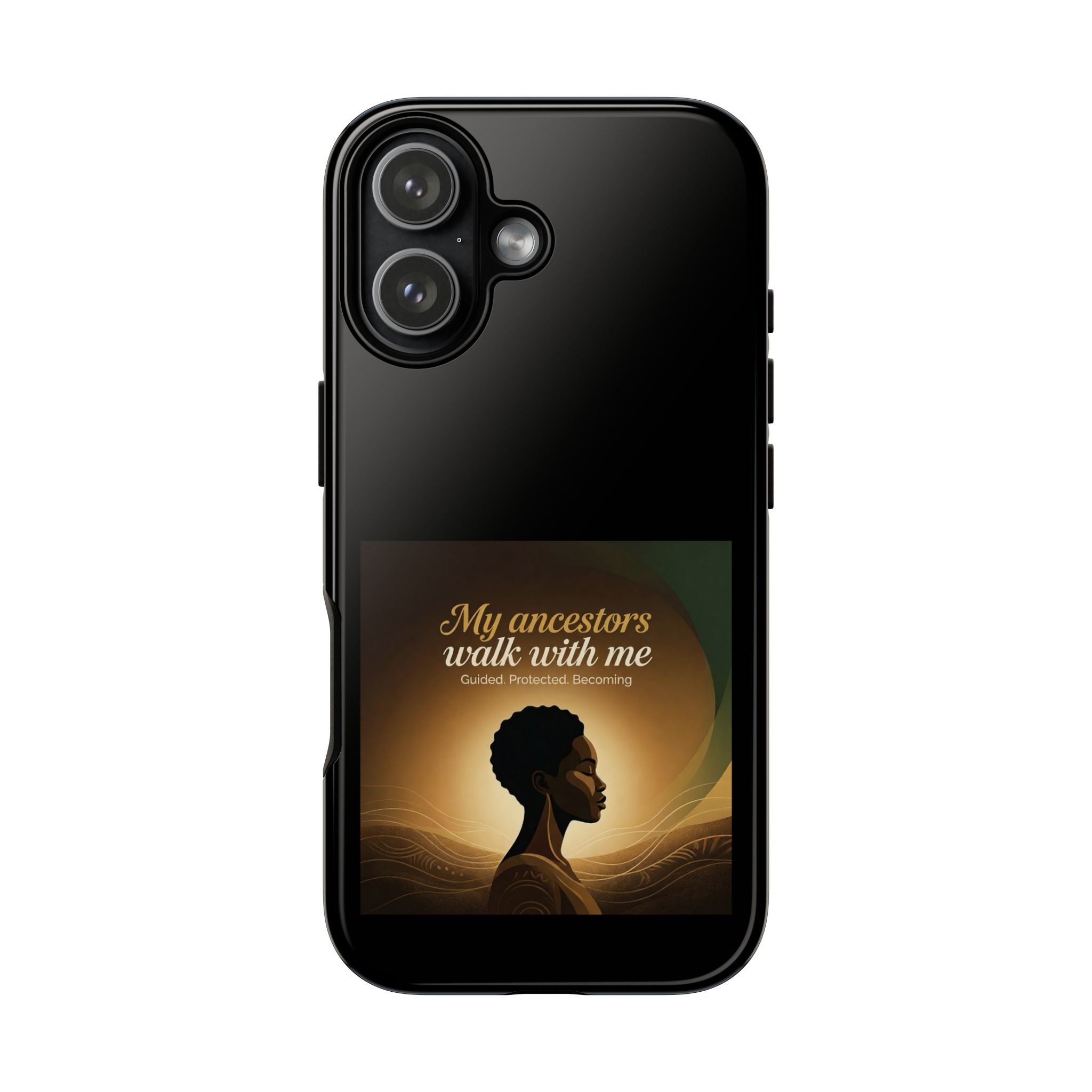 Black heritage phone case with inspirational quote design, protective cover for smartphones by Printify.
