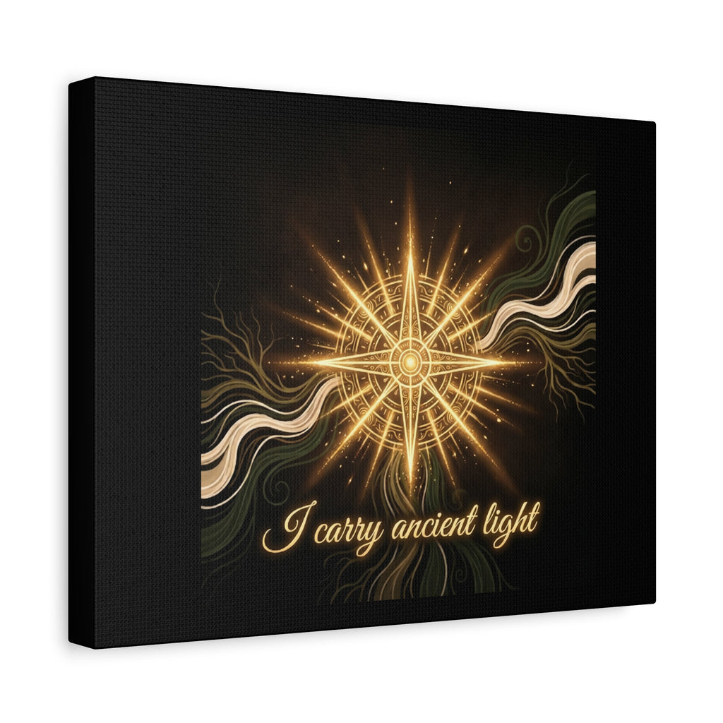 Matte canvas wall art titled "I Carry Ancient Light" featuring a golden compass design, ideal for home decor.
