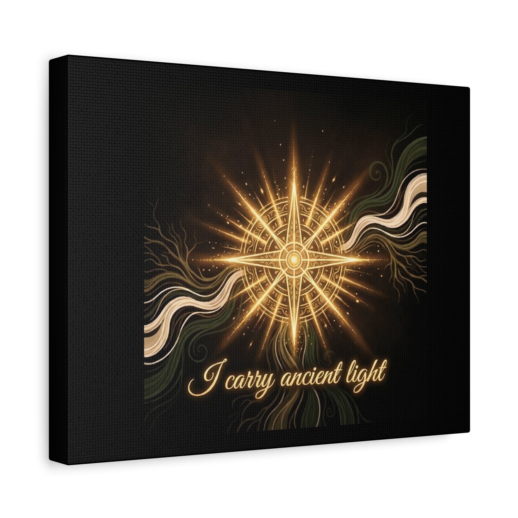 Matte canvas wall art titled "I Carry Ancient Light" featuring a golden compass design, ideal for home decor.