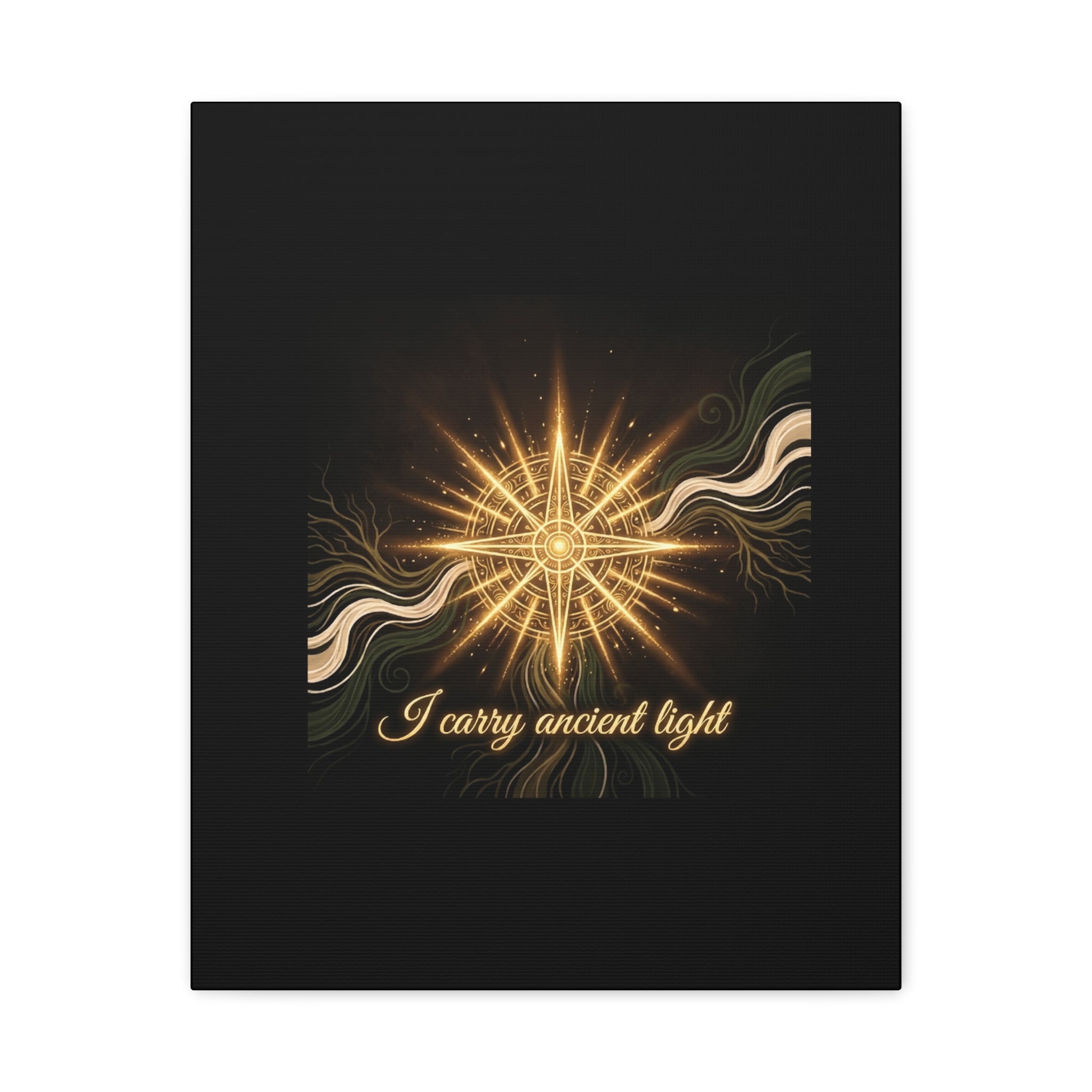 Matte canvas wall art titled "I Carry Ancient Light" featuring a golden compass design, printed by Printify for wall decor.