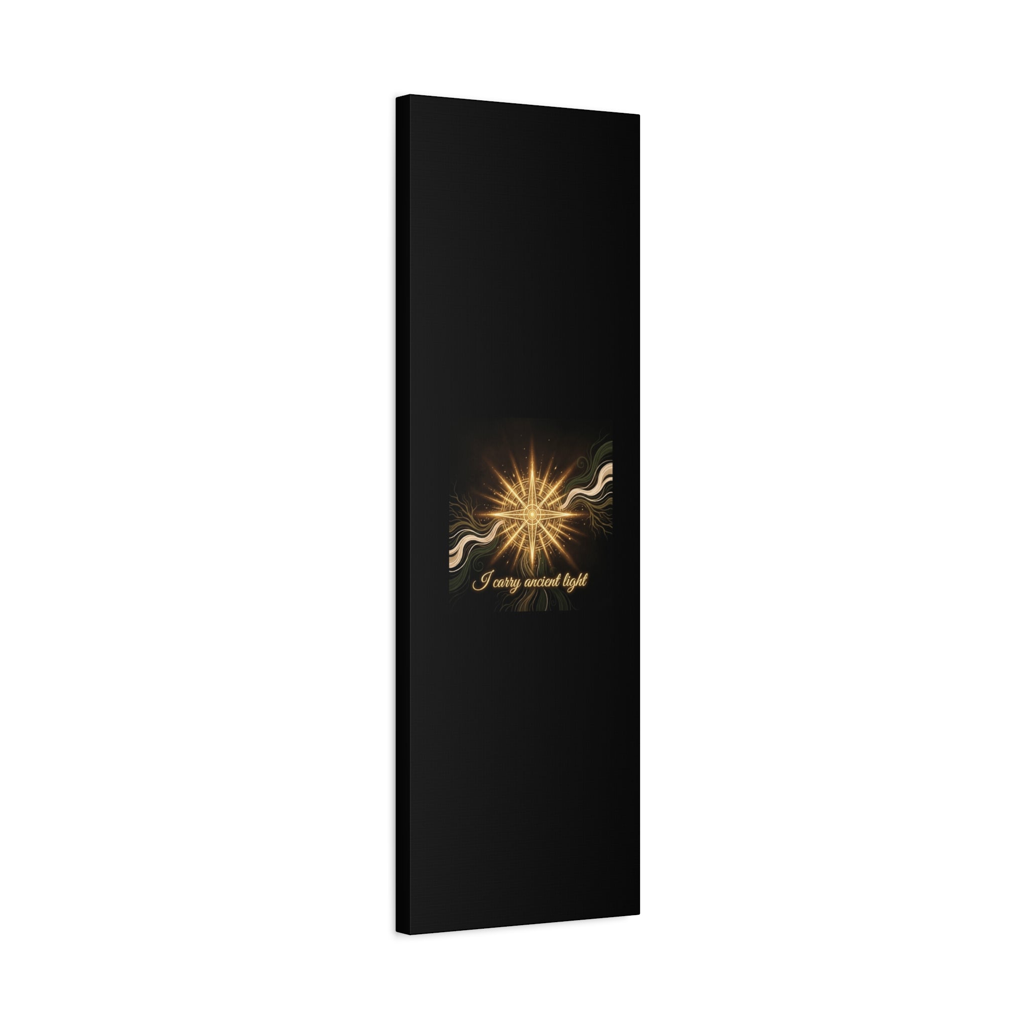 Matte canvas wall art featuring a golden compass design titled "I Carry Ancient Light" by Printify, perfect for wall decor.