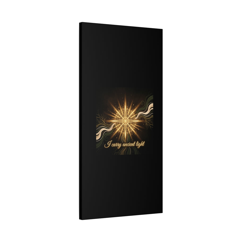 Matte canvas wall art titled "I Carry Ancient Light" featuring a golden compass design, by Printify for home decor.
