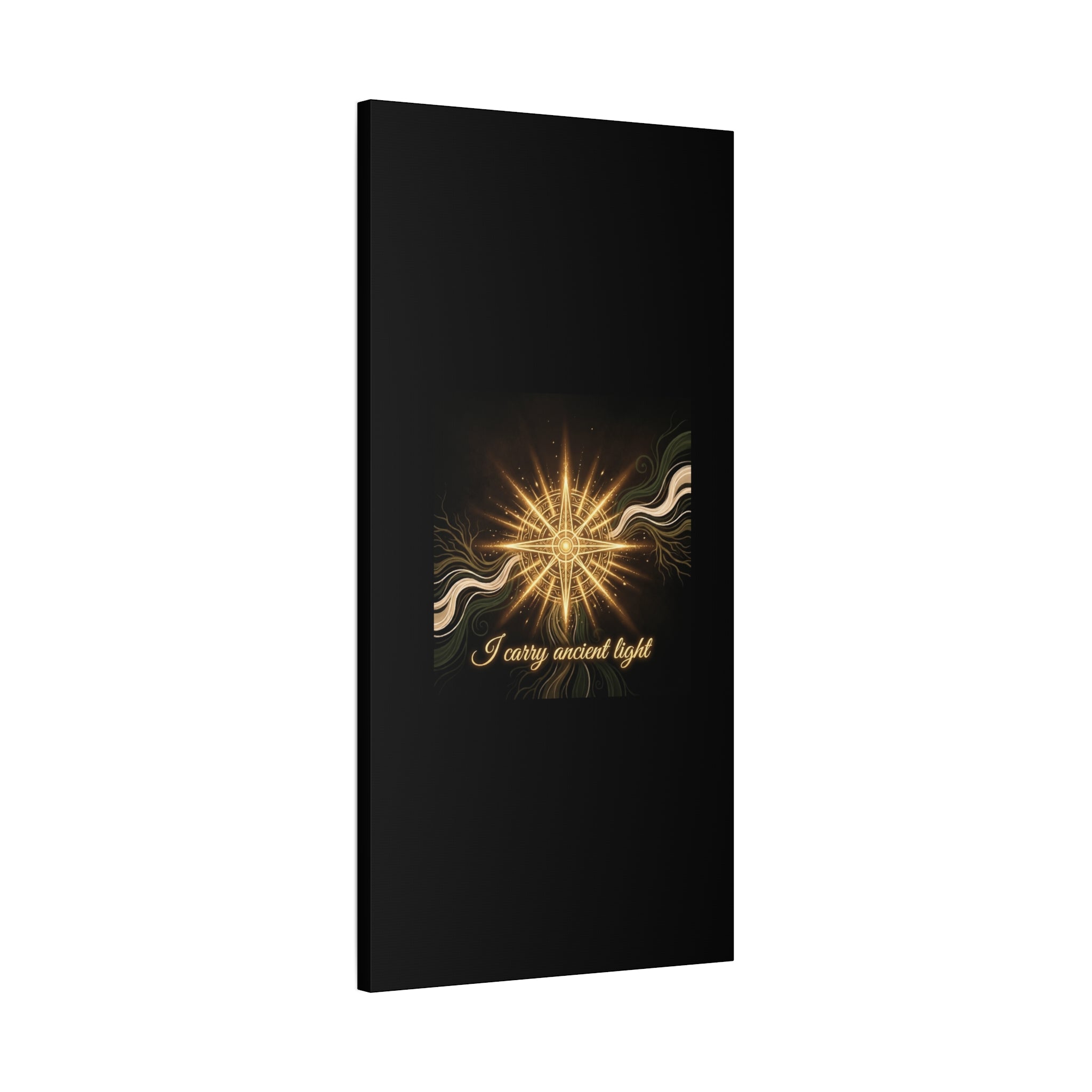 Matte canvas wall art titled "I Carry Ancient Light" featuring a golden compass design, by Printify for home decor.