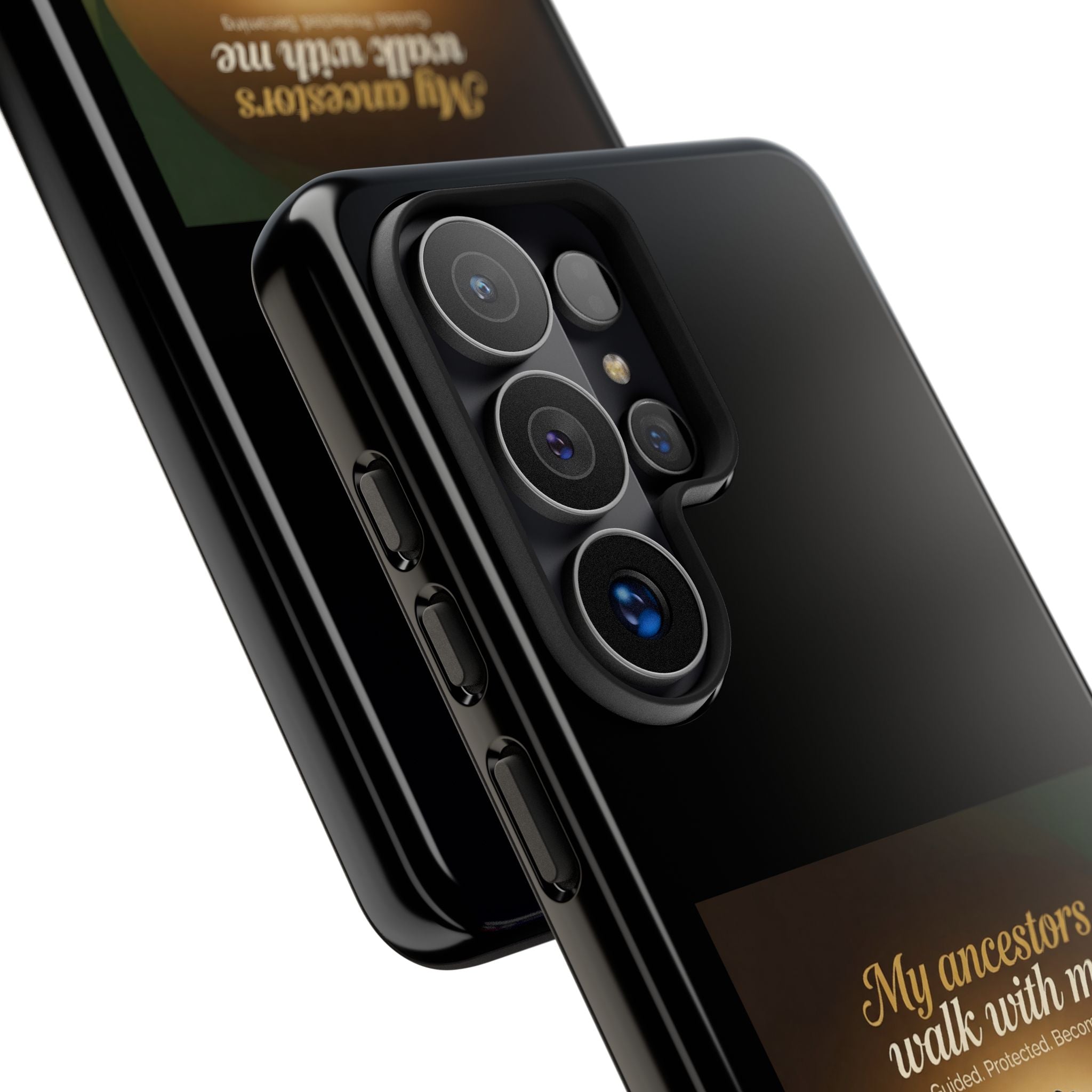 Inspirational black heritage phone case by Printify featuring the message "My Ancestors Walk With Me" on a protective cover.