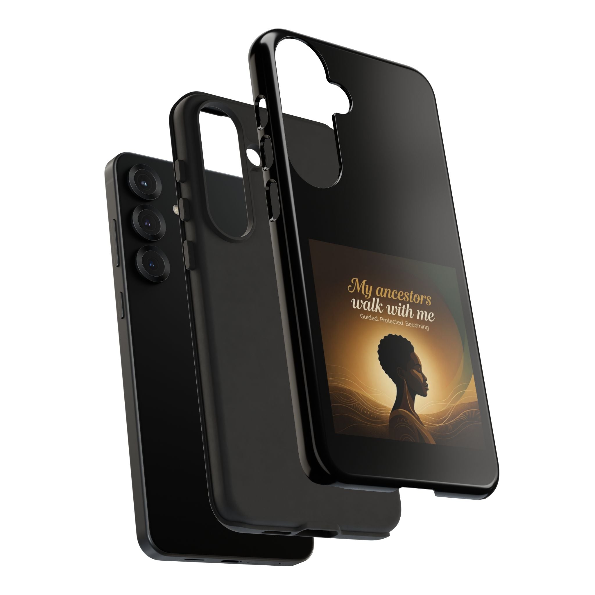 Inspirational black heritage phone case with "My Ancestors Walk With Me" design, protective cover for smartphone.