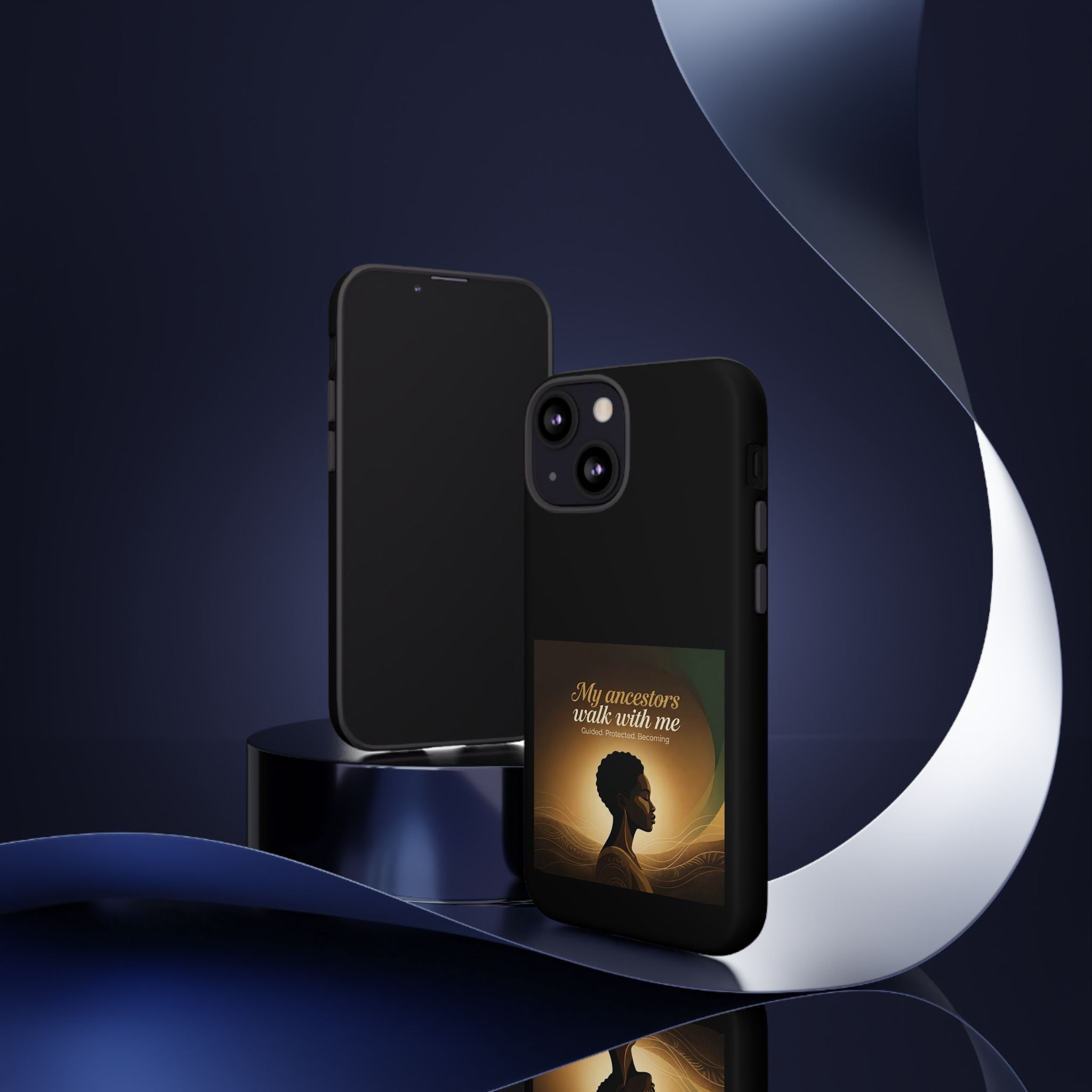 Black phone case with inspirational message honoring ancestors, designed for protection and style, by Printify.