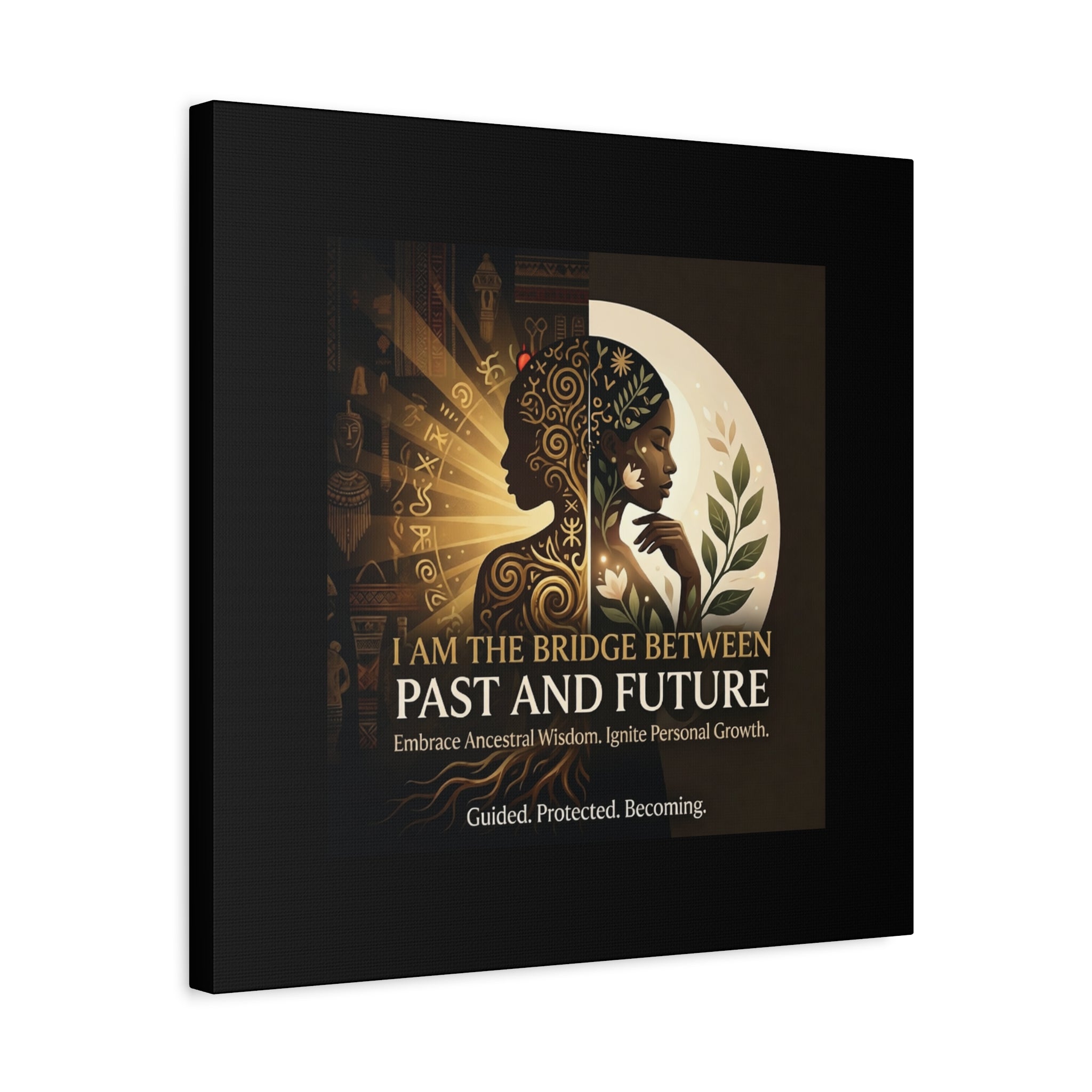 Canvas wall art by Printify featuring "I Am the Bridge Between Past and Future" with a vibrant, abstract design.