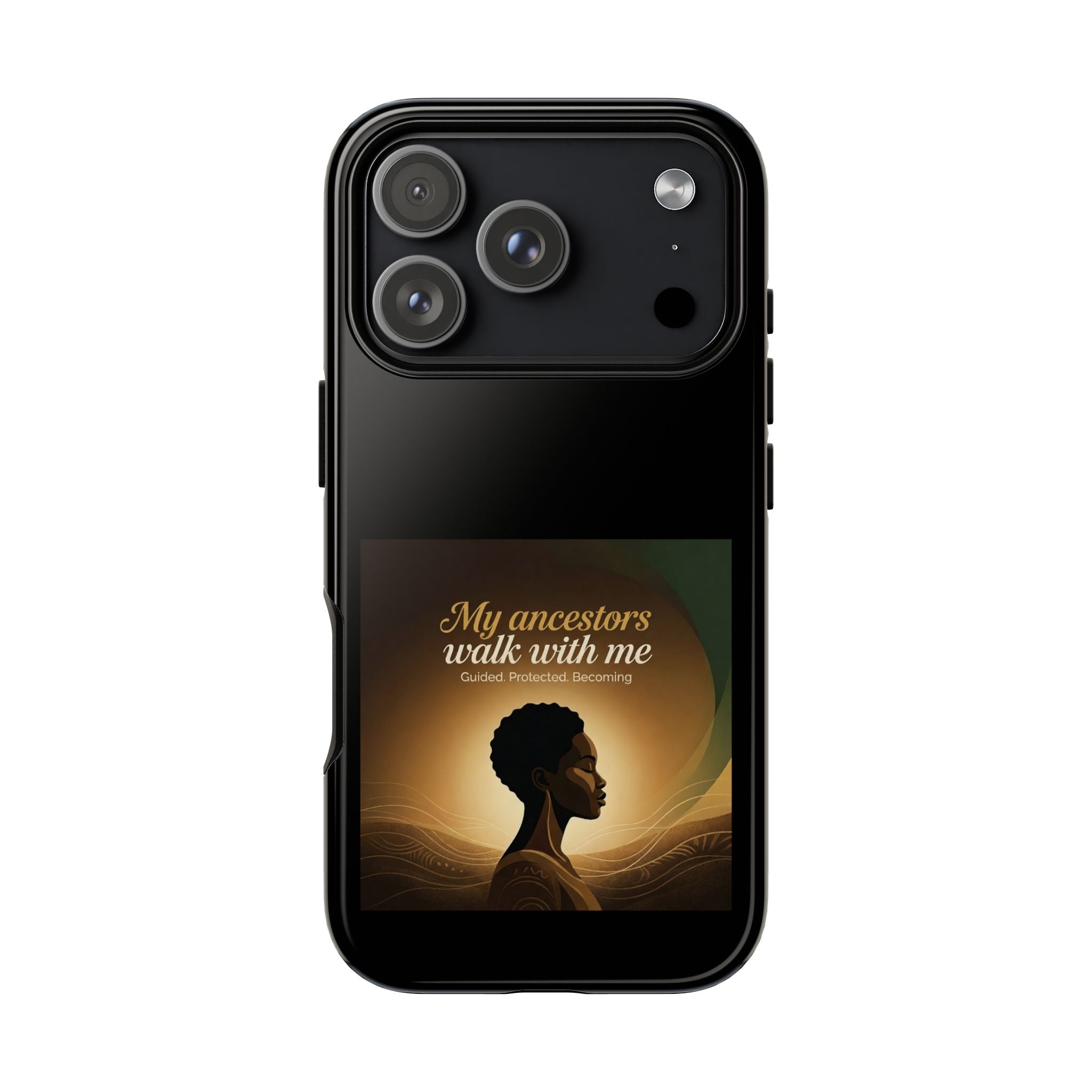 Black heritage phone case with inspirational quote design, protective cover for smartphones by Printify.