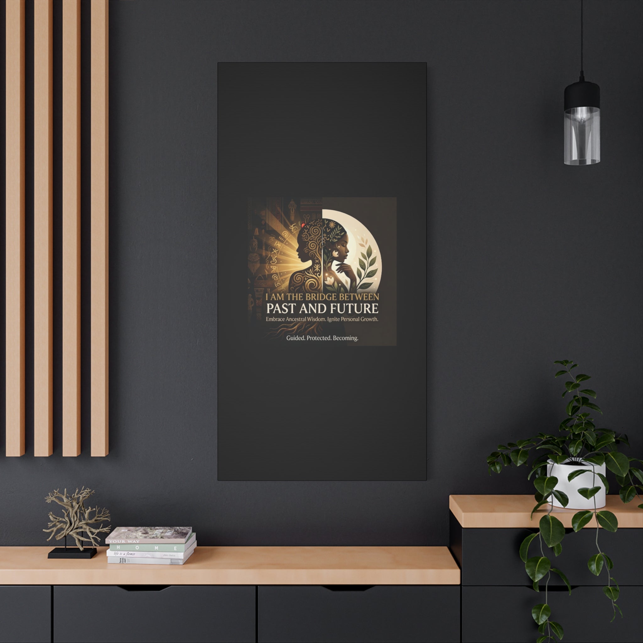 Canvas wall art titled "I Am the Bridge Between Past and Future" by Printify, featuring abstract design and vibrant colors.