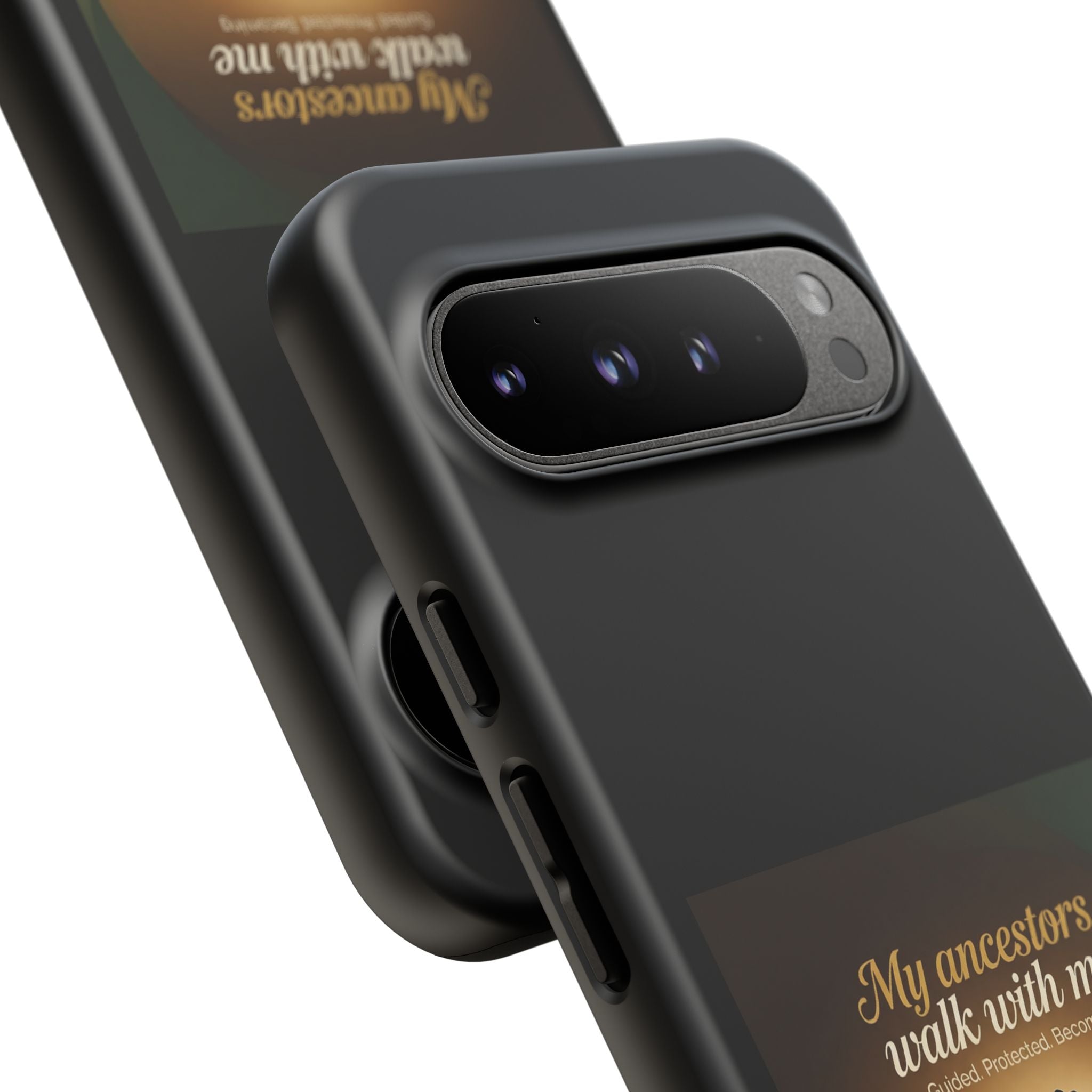 Black phone case with inspirational text and heritage design, protective cover for smartphones by Printify.