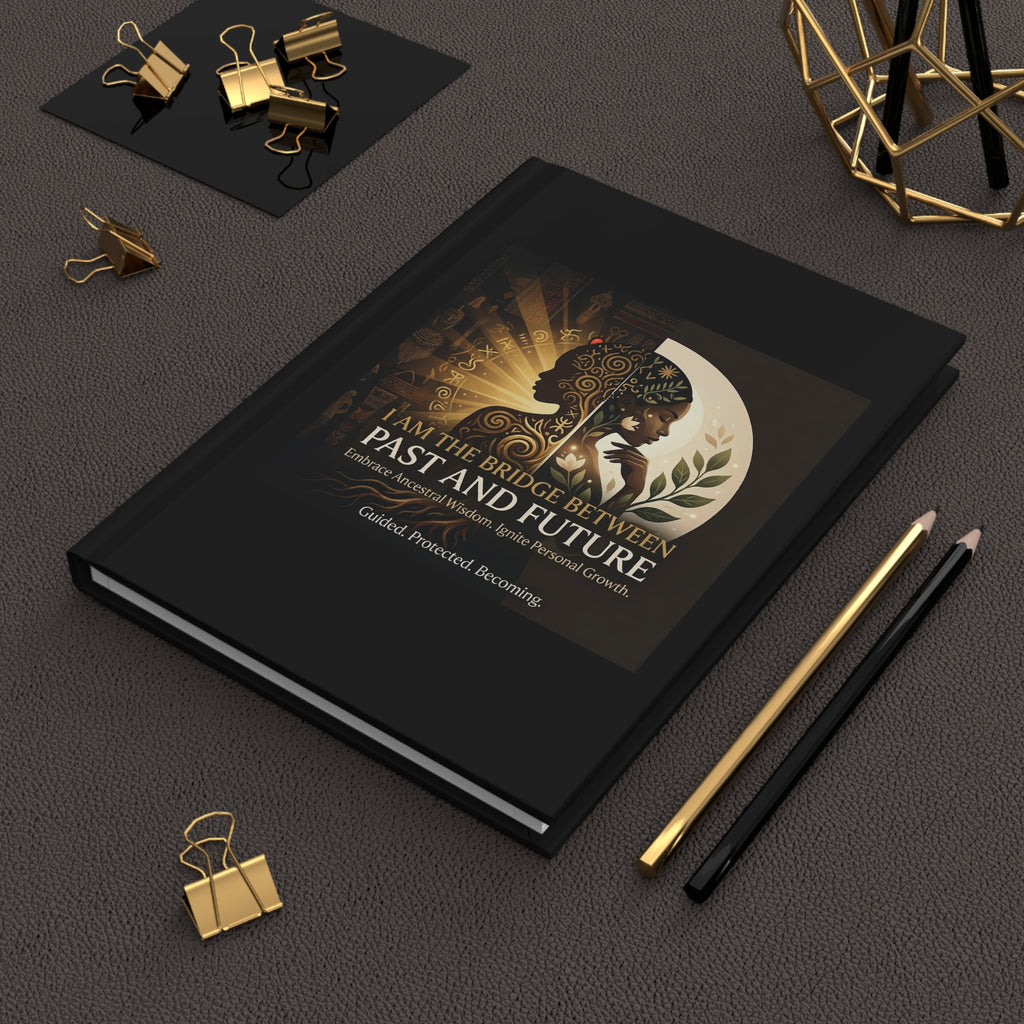 Hardcover journal featuring "I Am the Bridge Between Past and Future" design, showcasing ancestral wisdom and elegant binding.