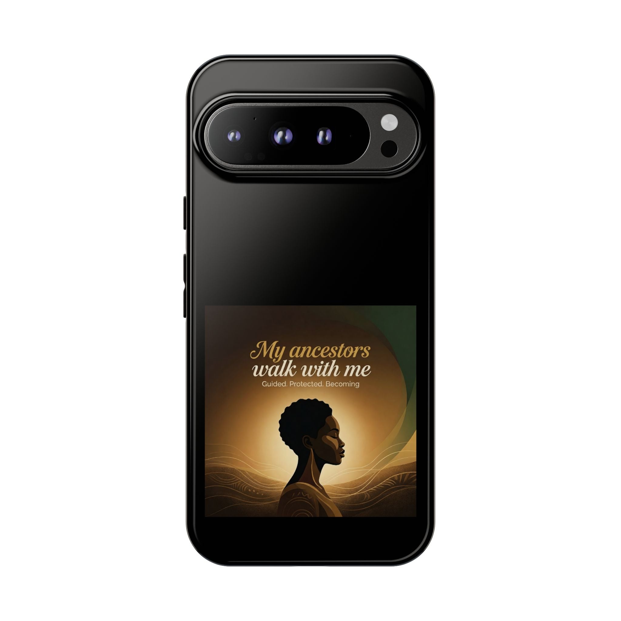 Black phone case with inspirational text, featuring cultural design, for iPhone by Printify, celebrating heritage and ancestors.
