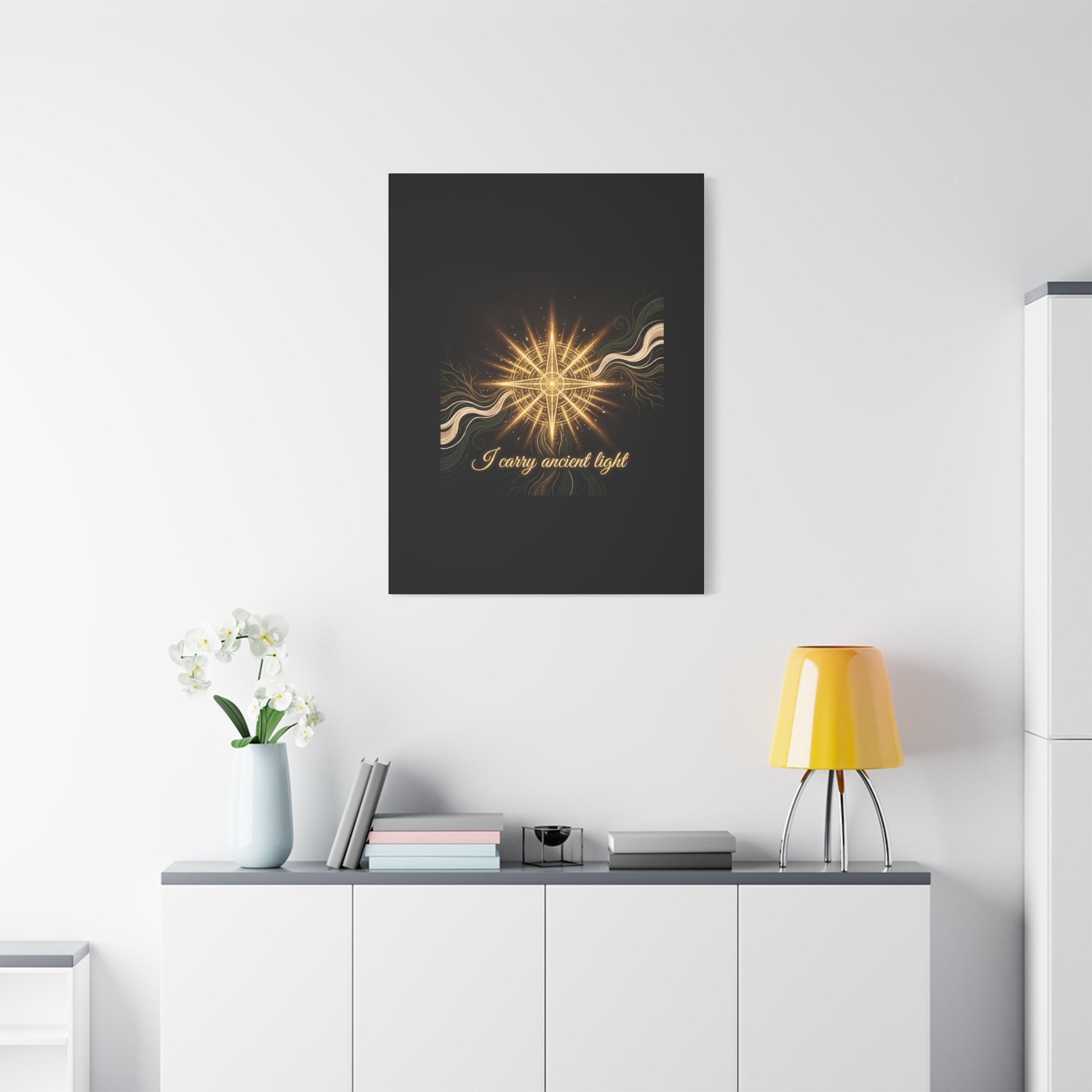 Matte canvas wall art featuring a golden compass design titled "I Carry Ancient Light" by Printify for elegant home decor.