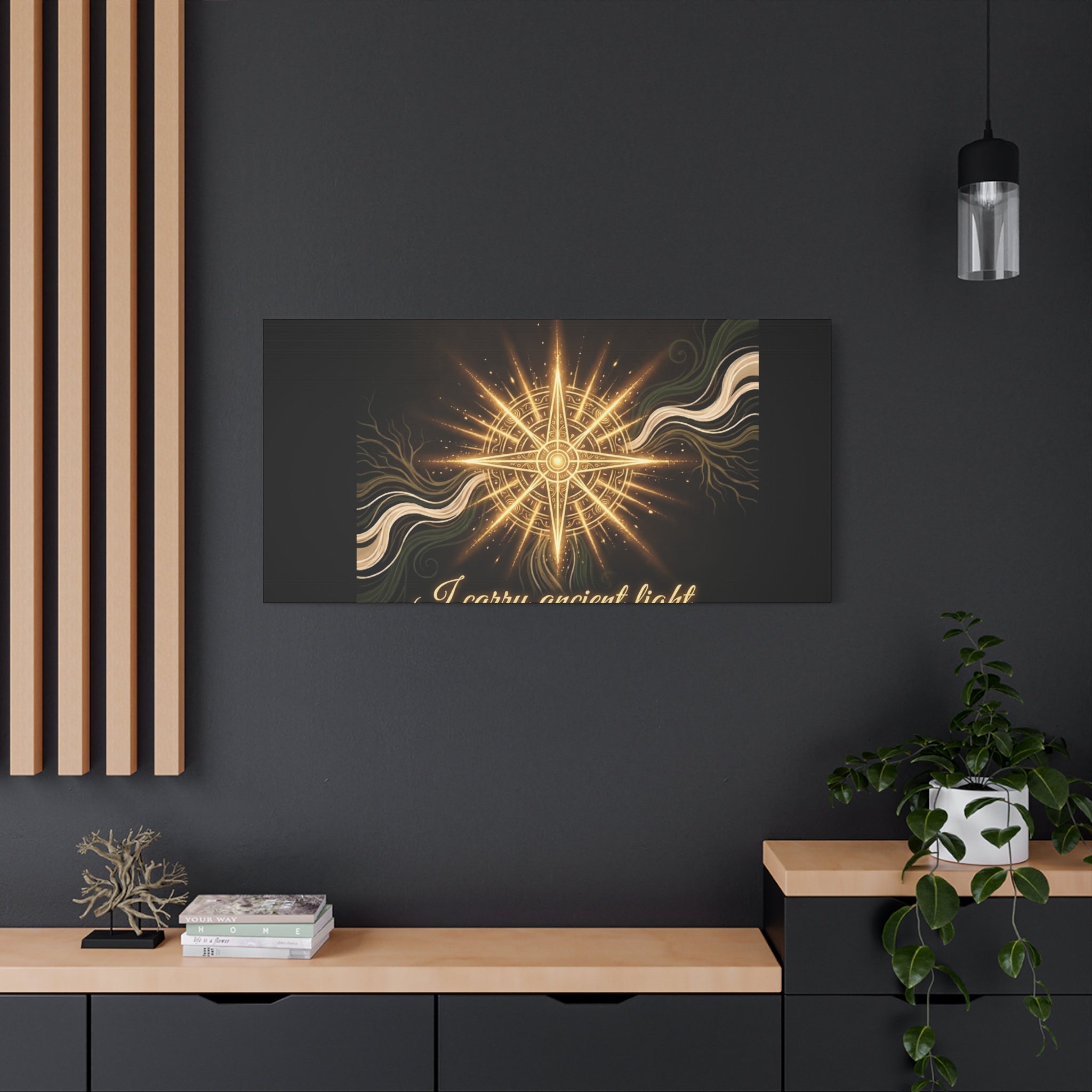 Matte canvas wall art titled "I Carry Ancient Light" featuring a golden compass design, ideal for wall decor.