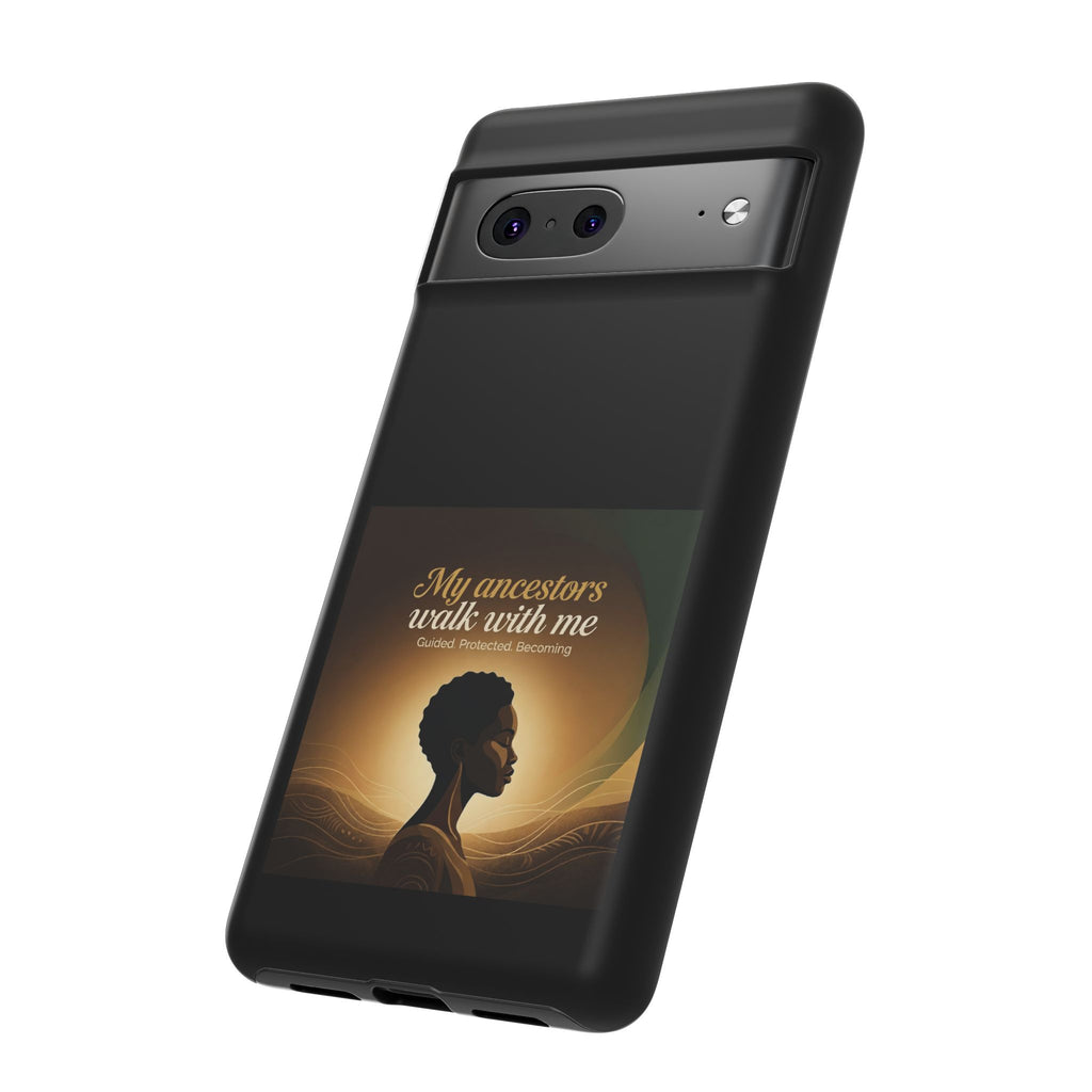 Black heritage phone case with inspirational quote and protective design, featuring artwork honoring ancestors for a smartphone.