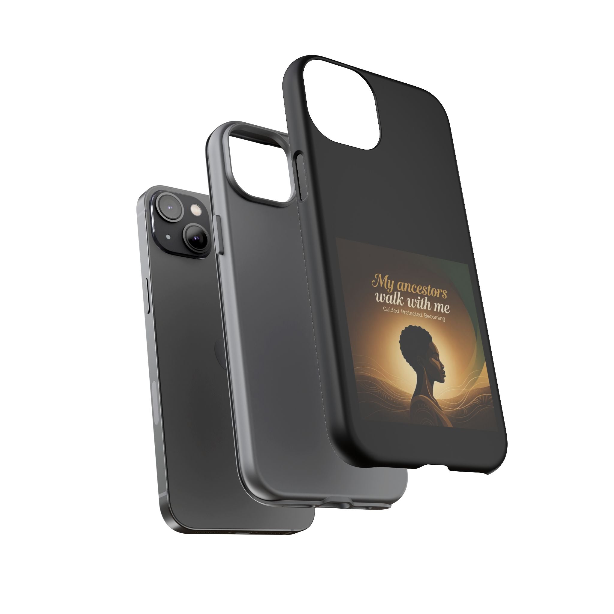 Black phone case with inspirational design honoring heritage, featuring text and symbols representing ancestors and cultural pride.