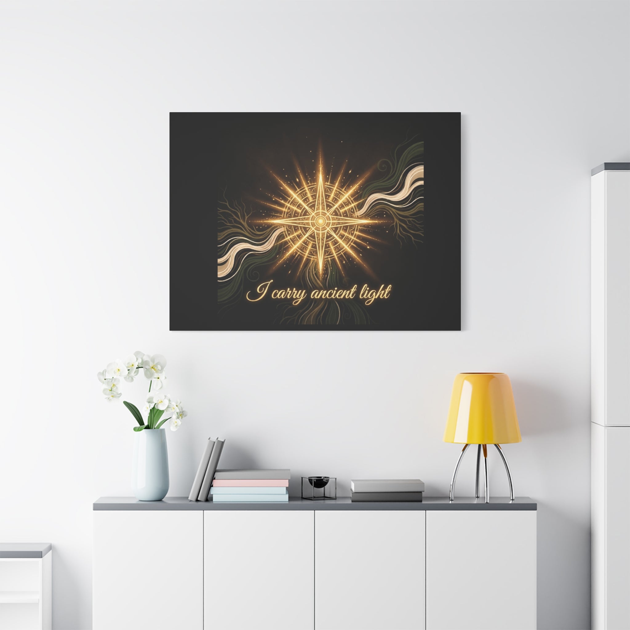 Matte canvas wall art titled "I Carry Ancient Light" featuring a golden compass design by Printify.