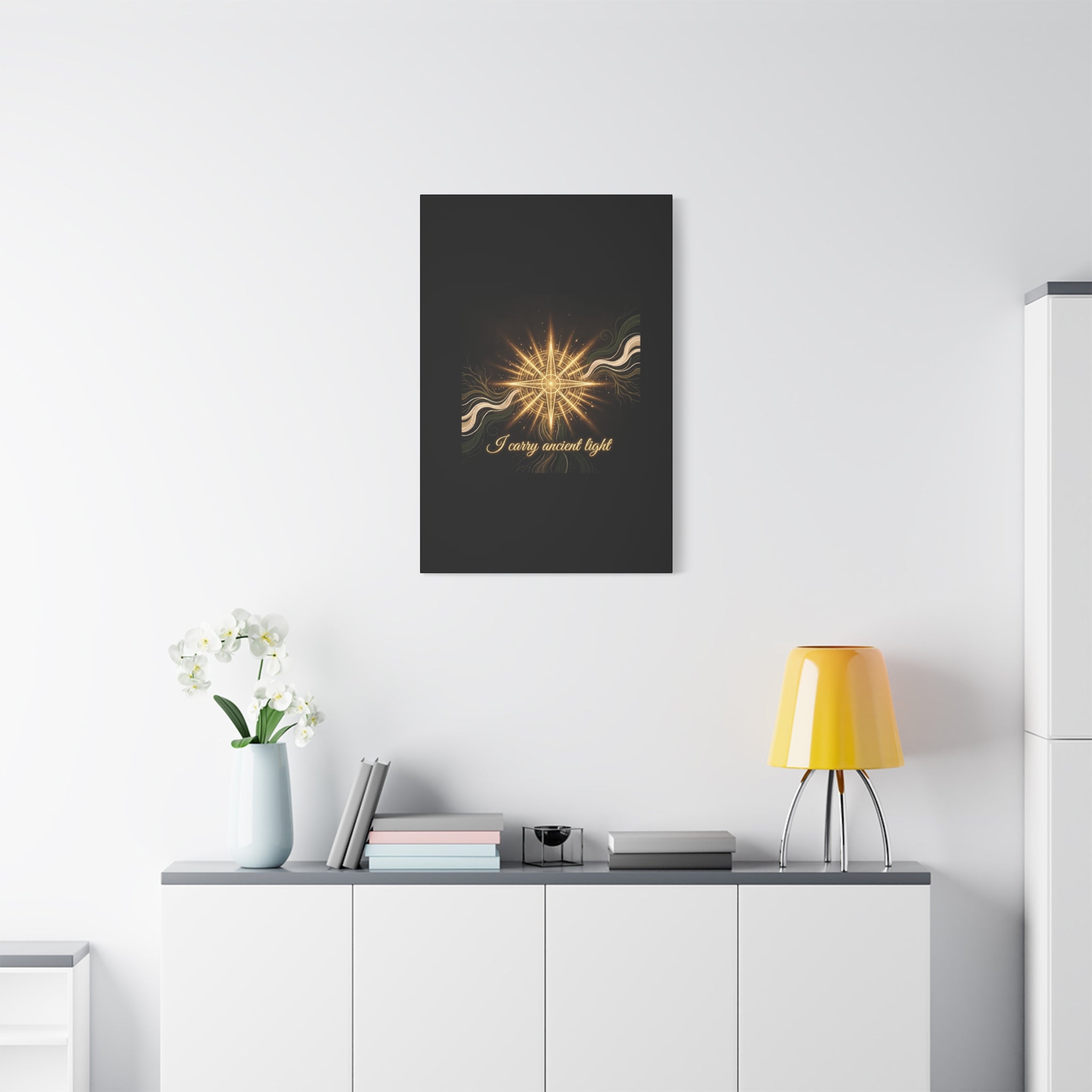 Matte canvas wall art titled "I Carry Ancient Light" featuring a golden compass design, ideal for wall decor in modern interiors.
