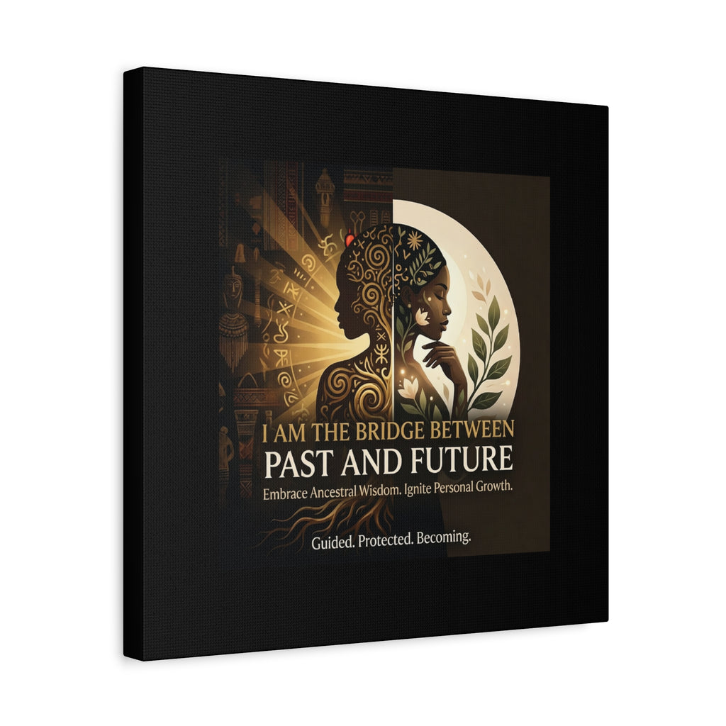 Canvas wall art titled "I Am the Bridge Between Past and Future" by Printify, showcasing abstract imagery and vibrant colors.