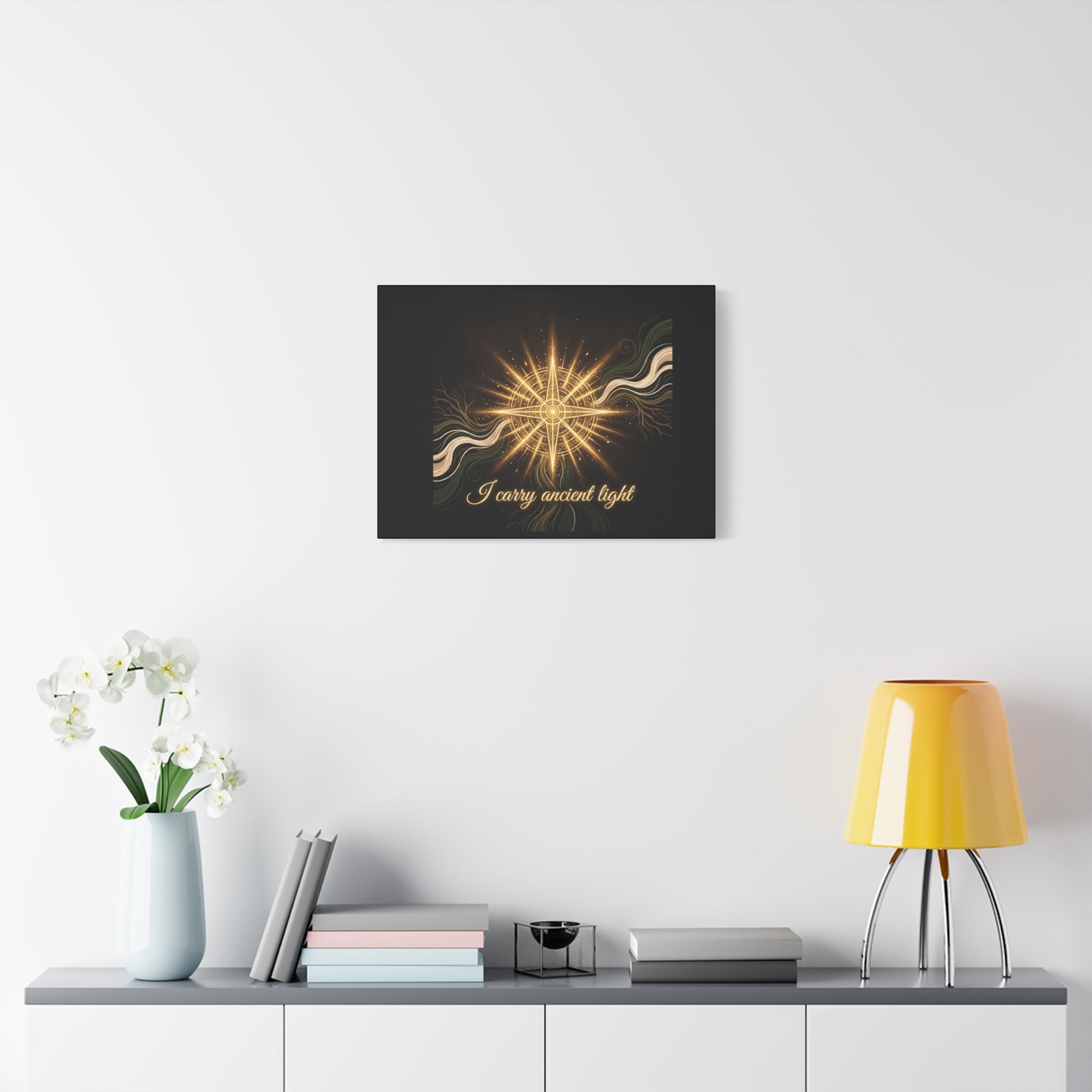 Matte canvas wall art titled "I Carry Ancient Light" featuring a golden compass design, ideal for inspirational home decor.