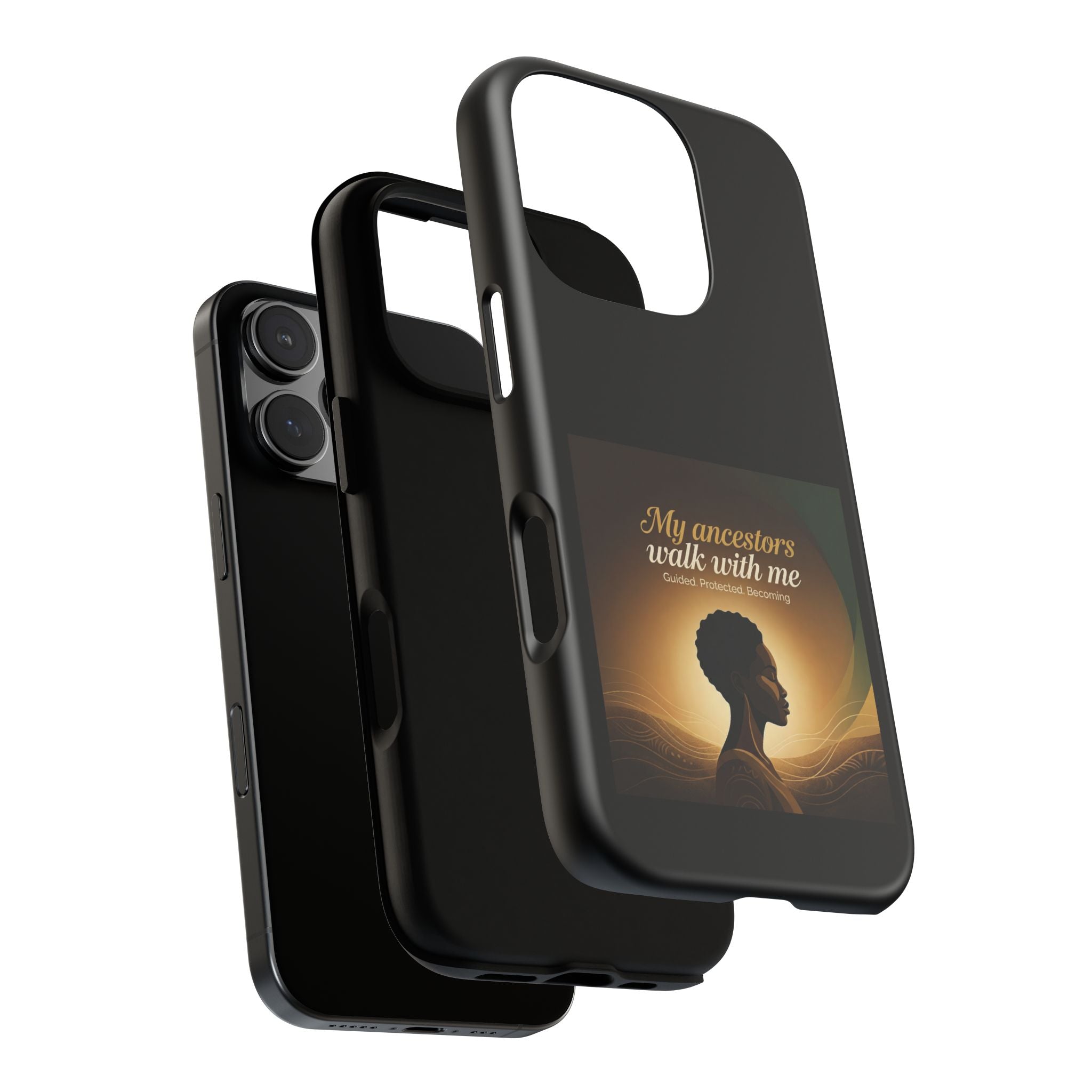 Inspirational black heritage phone case with "My Ancestors Walk With Me" design, protective cover for smartphone.