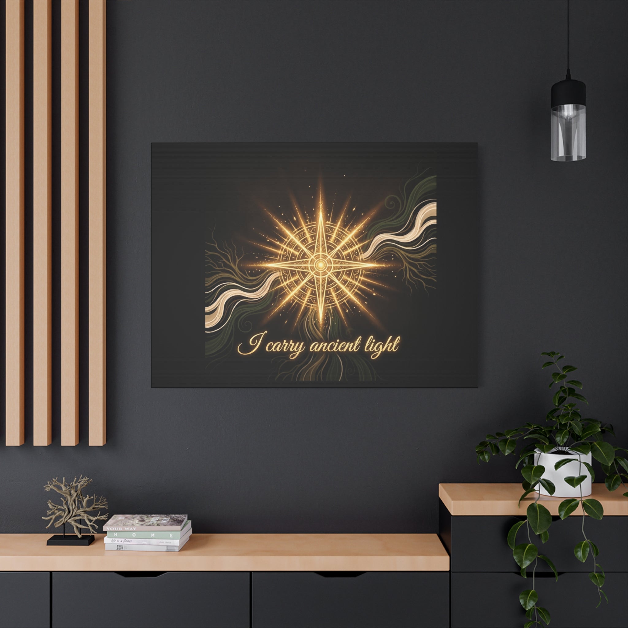 Matte canvas wall art titled "I Carry Ancient Light" featuring a golden compass design, suitable for home or office decor.