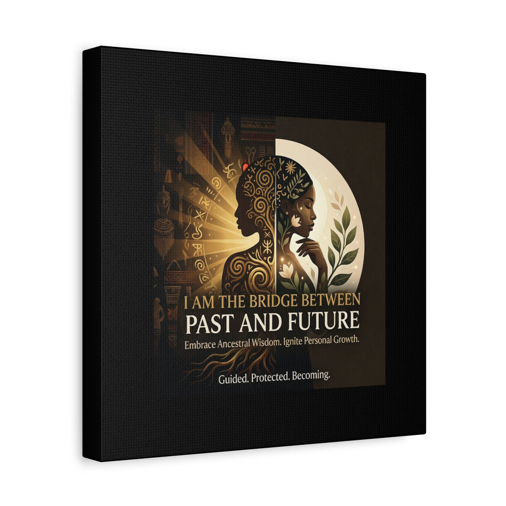 Canvas wall art titled "I Am the Bridge Between Past and Future" by Printify, featuring abstract imagery and vibrant colors.