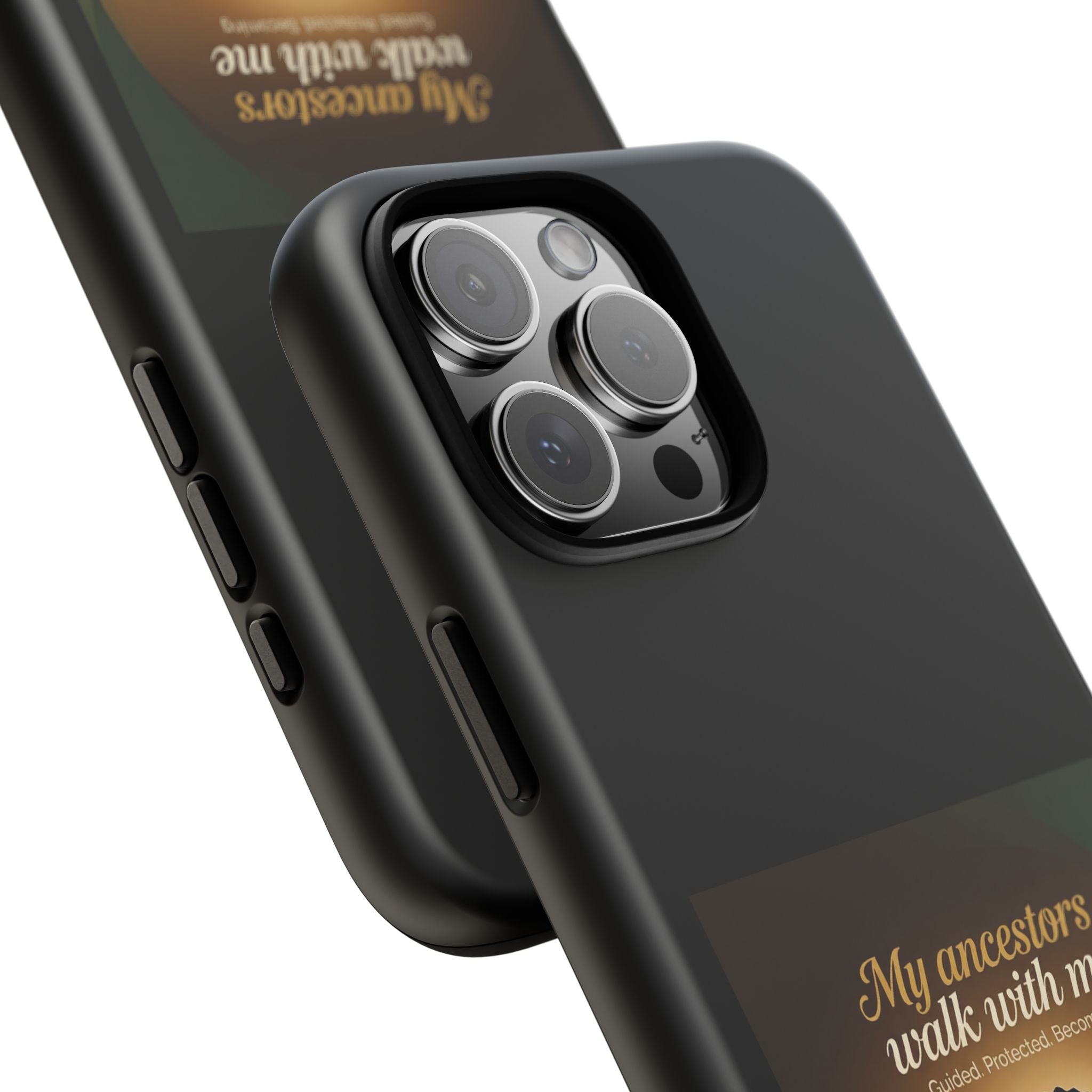 Inspirational black heritage phone case with "My Ancestors Walk With Me" message, protective cover for smartphone.