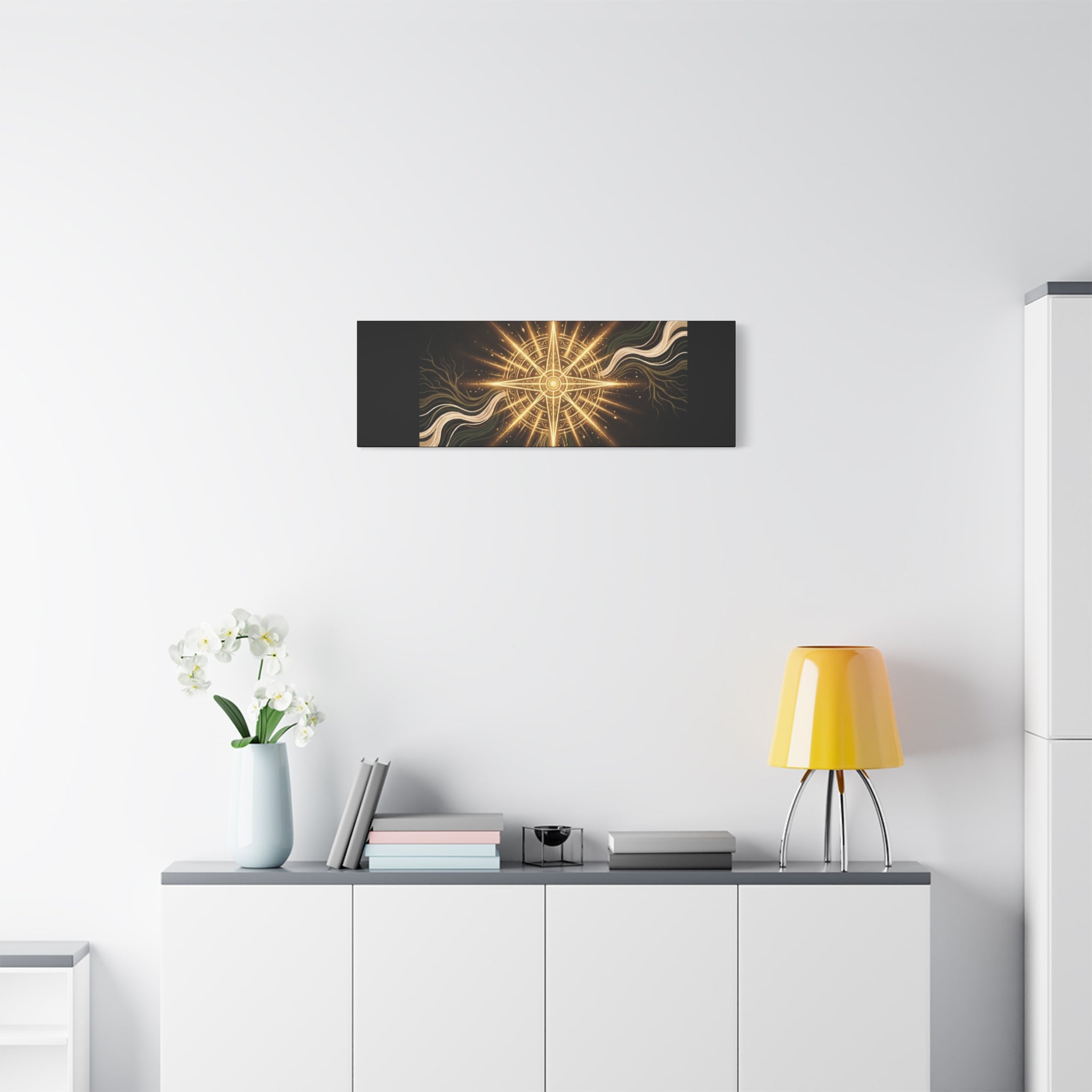 Matte canvas wall art titled "I Carry Ancient Light" featuring a golden compass design, ideal for wall decor.