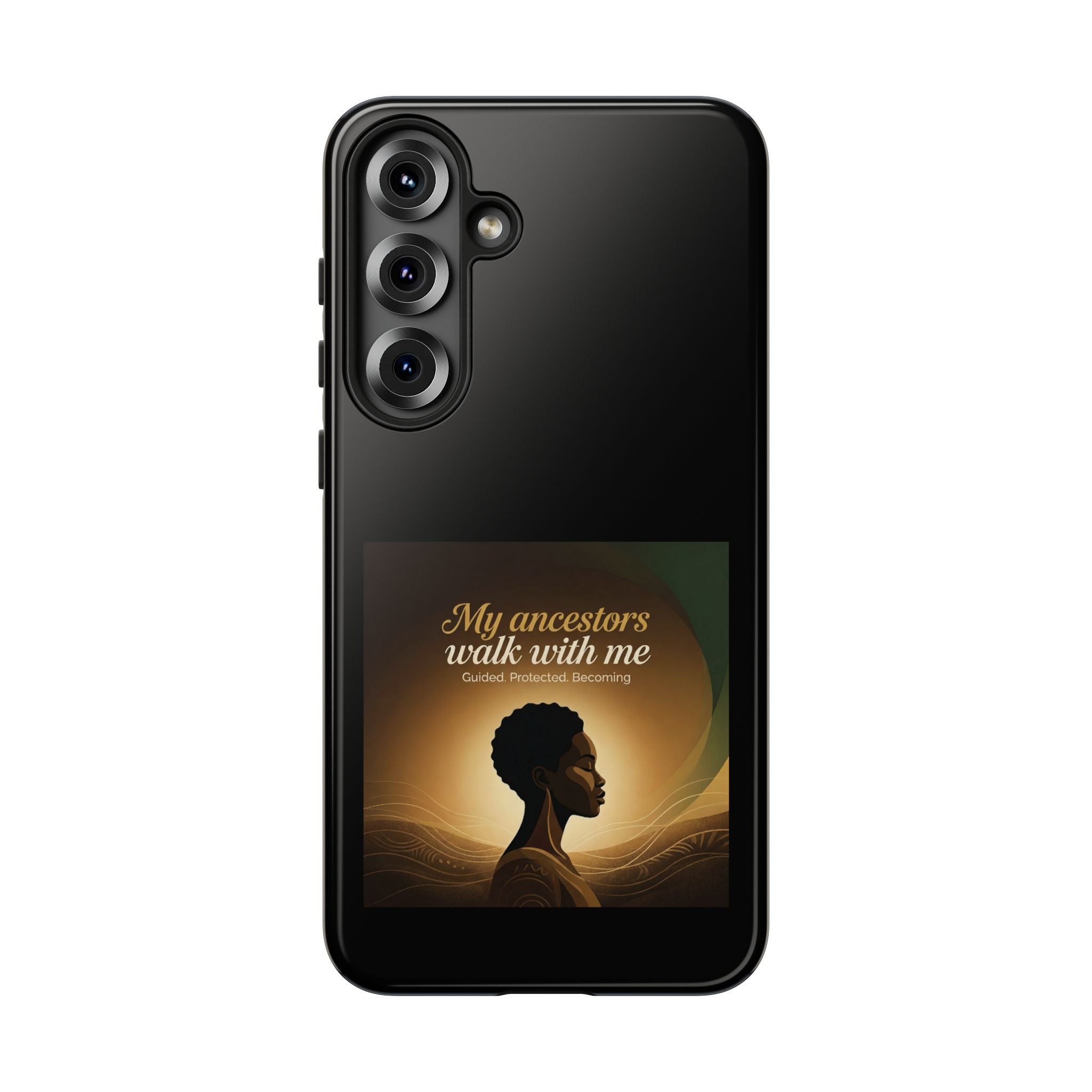 Black phone case with inspirational design honoring heritage and ancestors, protective cover for smartphones by Printify.