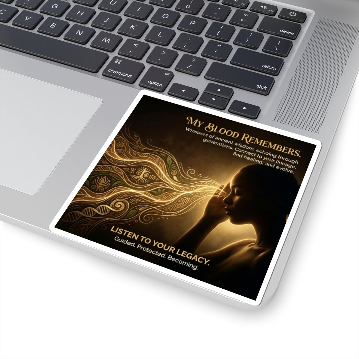 Kiss-cut sticker featuring "My Blood Remembers" ancestral wisdom illustration by Printify on a white background.