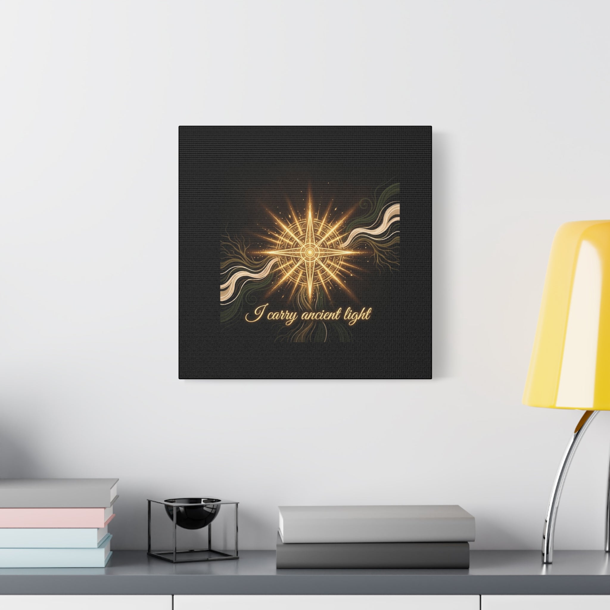 Matte canvas wall art titled "I Carry Ancient Light" featuring a golden compass design, by Printify, suitable for home decor.