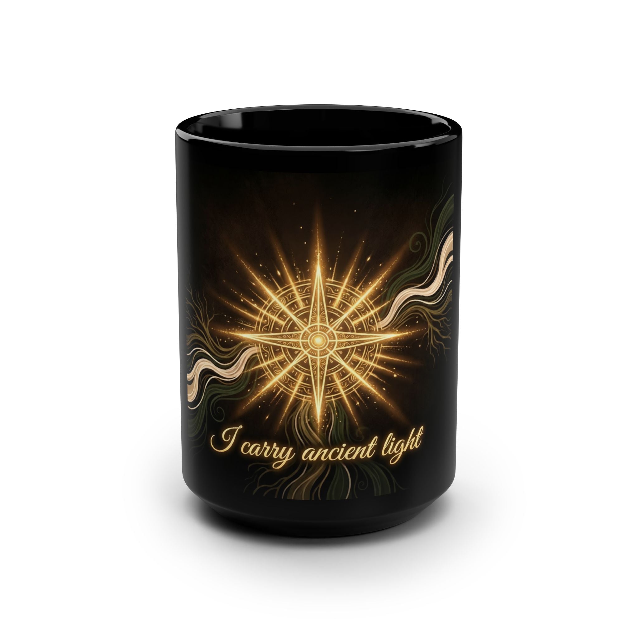 15oz Black Mug — "I Carry Ancient Light" Golden Compass Spiritual Coffee Cup - Ancestors In My Ear 