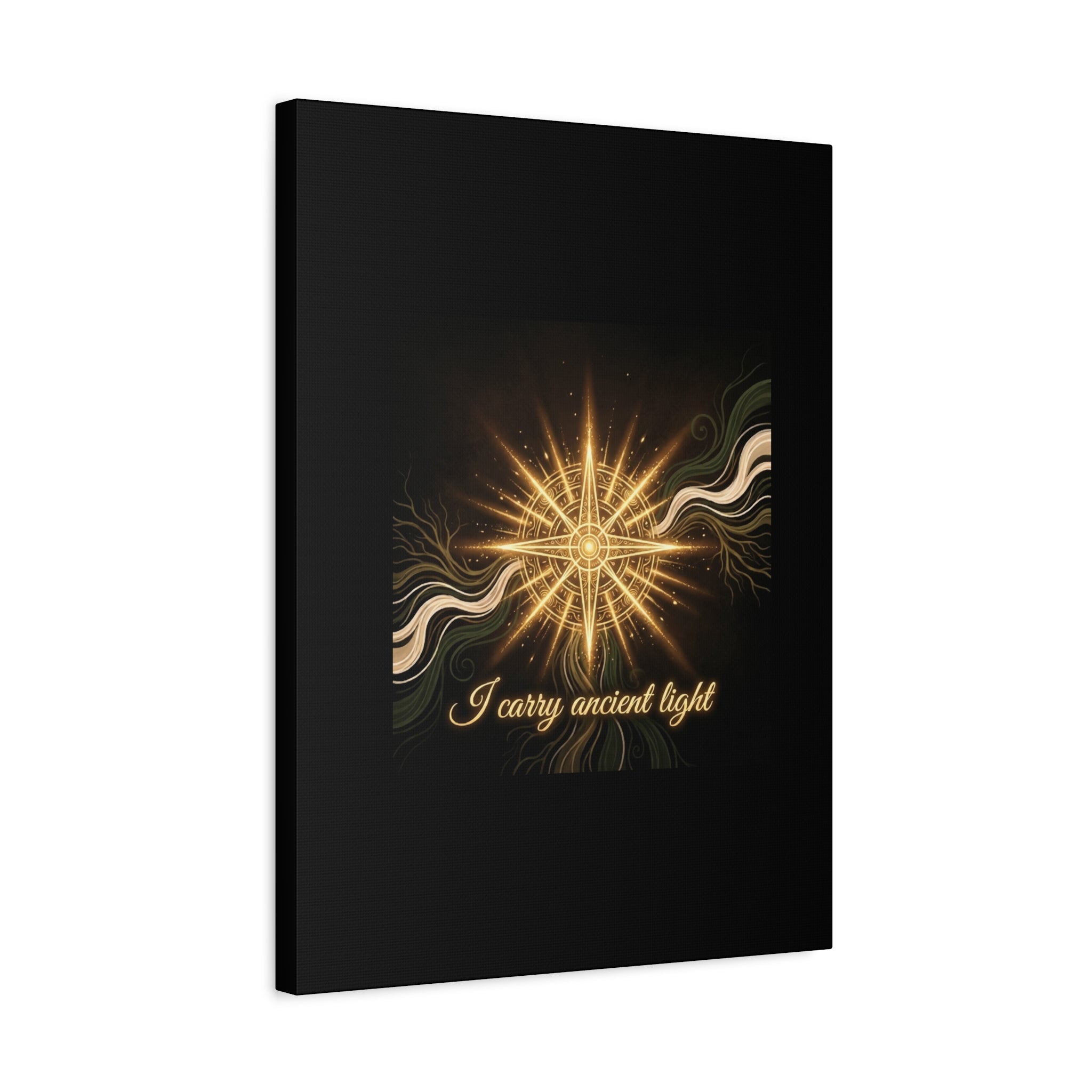 Matte canvas wall art featuring a golden compass design titled "I Carry Ancient Light" by Printify, suitable for wall decor.