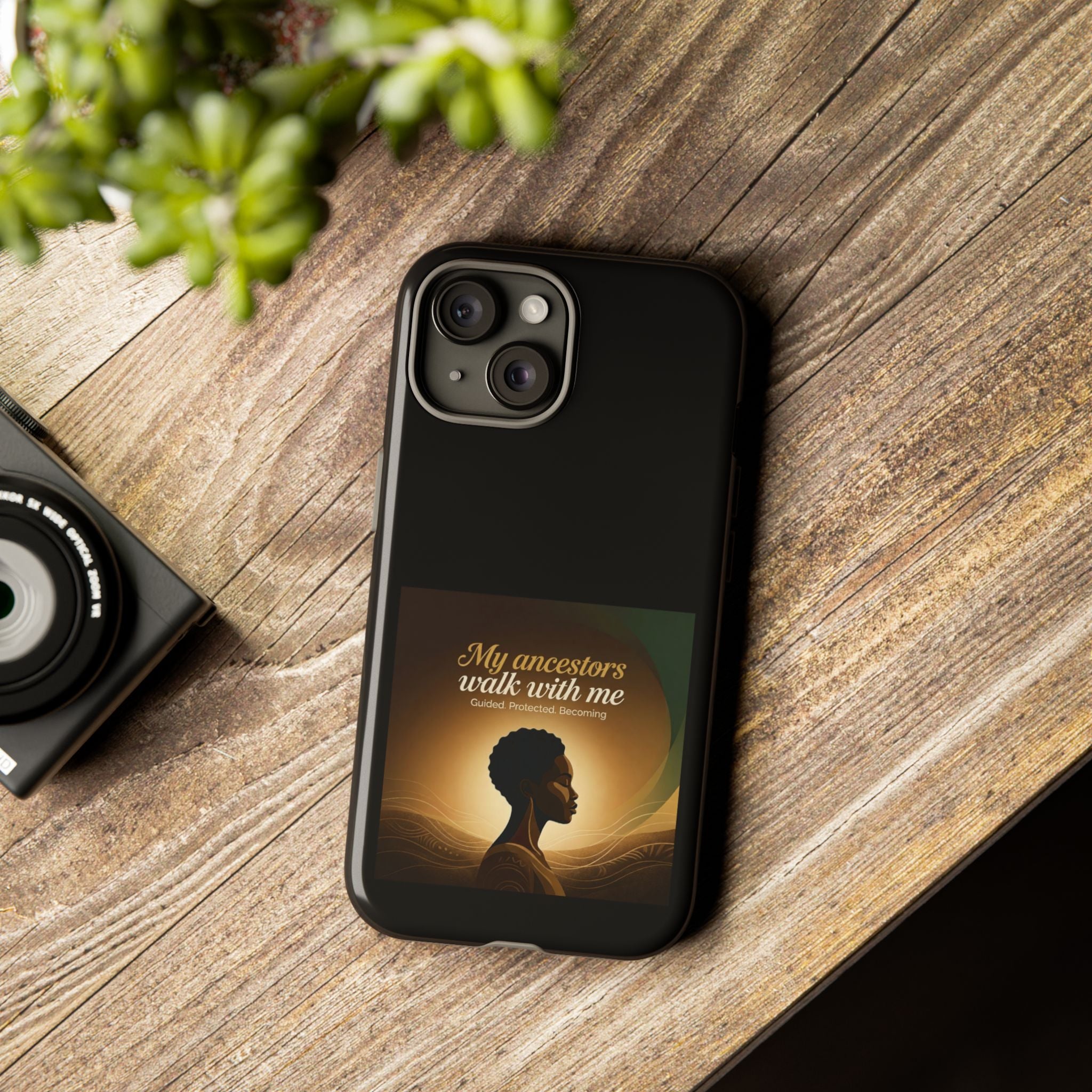 Black heritage phone case with inspirational message and protective design, featuring artwork that honors ancestors.
