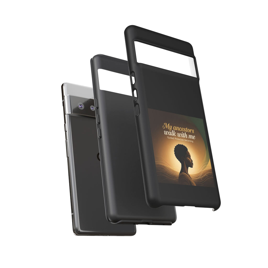 Black heritage phone case with inspirational design, protective cover for smartphone, featuring meaningful artwork and text.