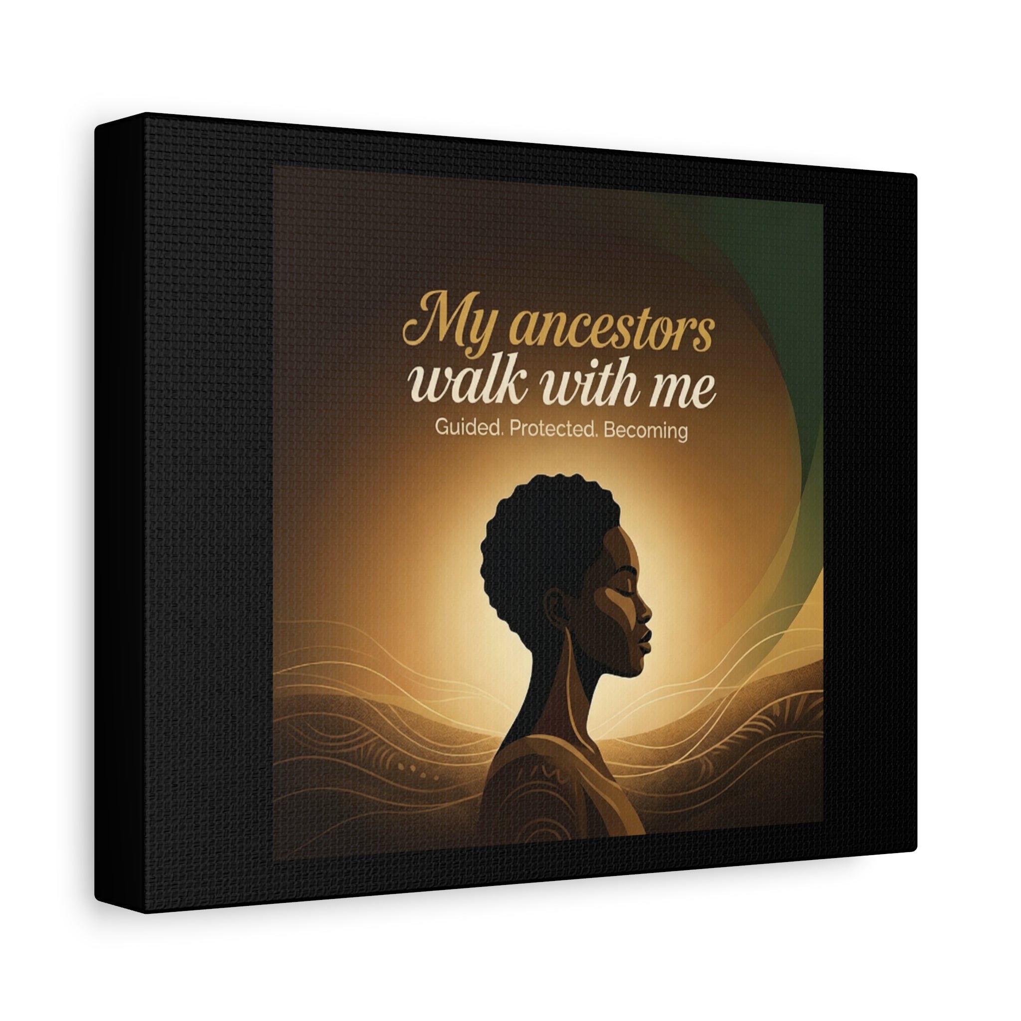 Matte canvas wall art featuring an inspirational Afrocentric portrait titled "My Ancestors Walk With Me" by Printify.