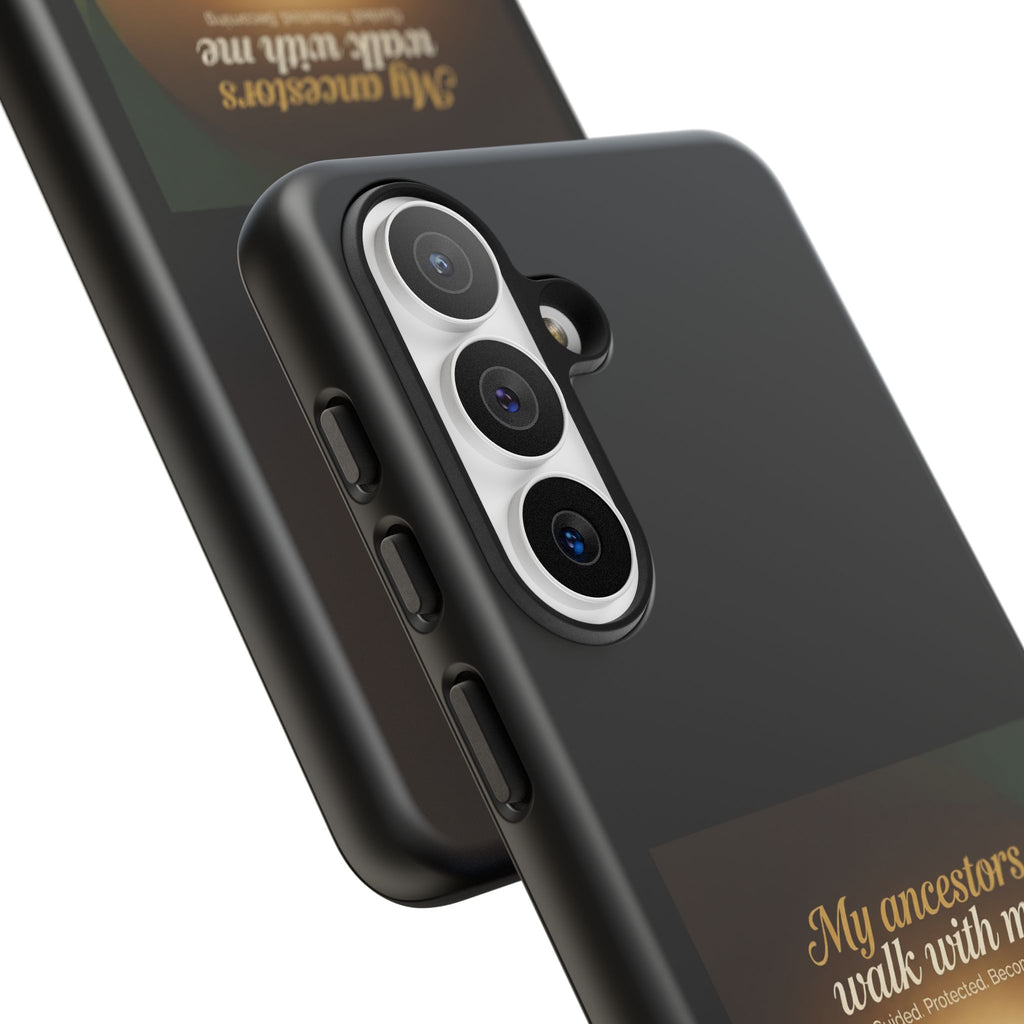 Black phone case with inspirational quote and cultural design, protective cover for smartphones from Printify.