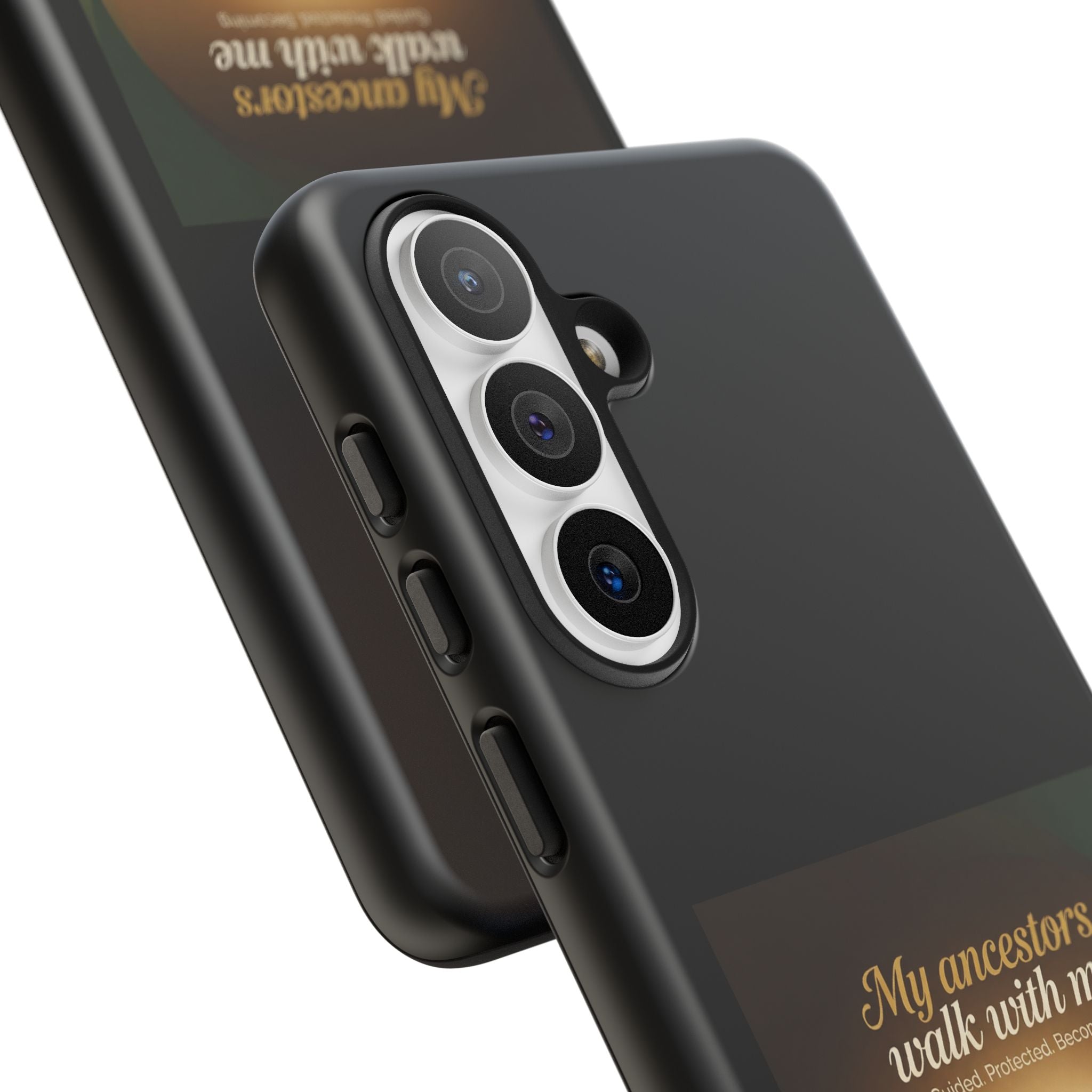 Black phone case with inspirational quote and cultural design, protective cover for smartphones from Printify.