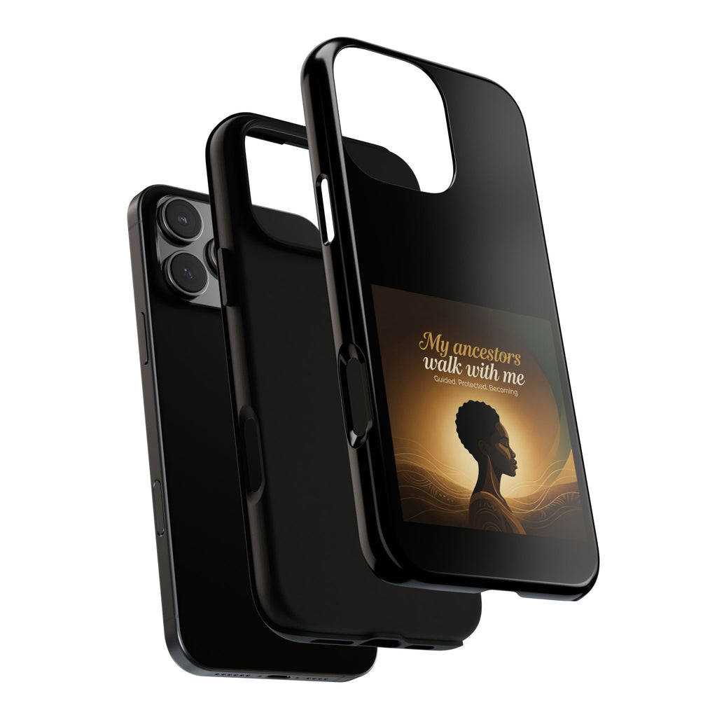 Black phone case with inspirational message and heritage design, protective cover for smartphones by Printify.