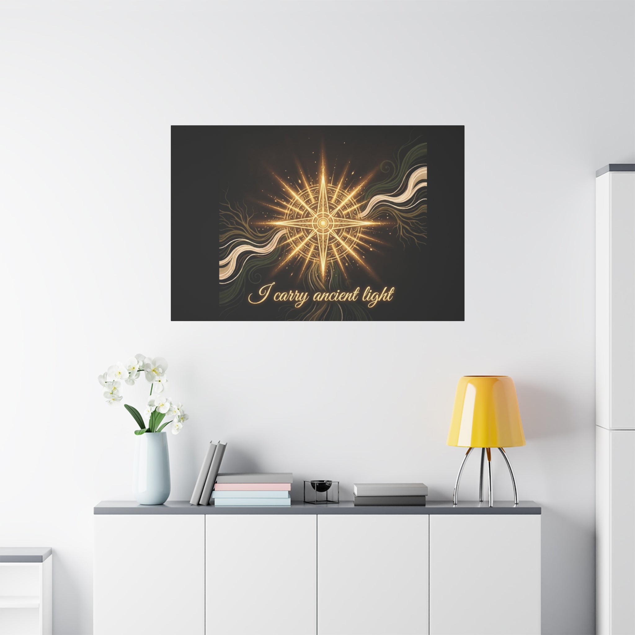 Matte canvas wall art titled "I Carry Ancient Light" featuring a golden compass design, by Printify.